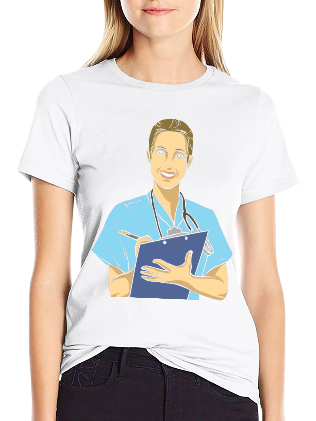 Cartoon Nurse T-Shirt - Black Cotton Blend