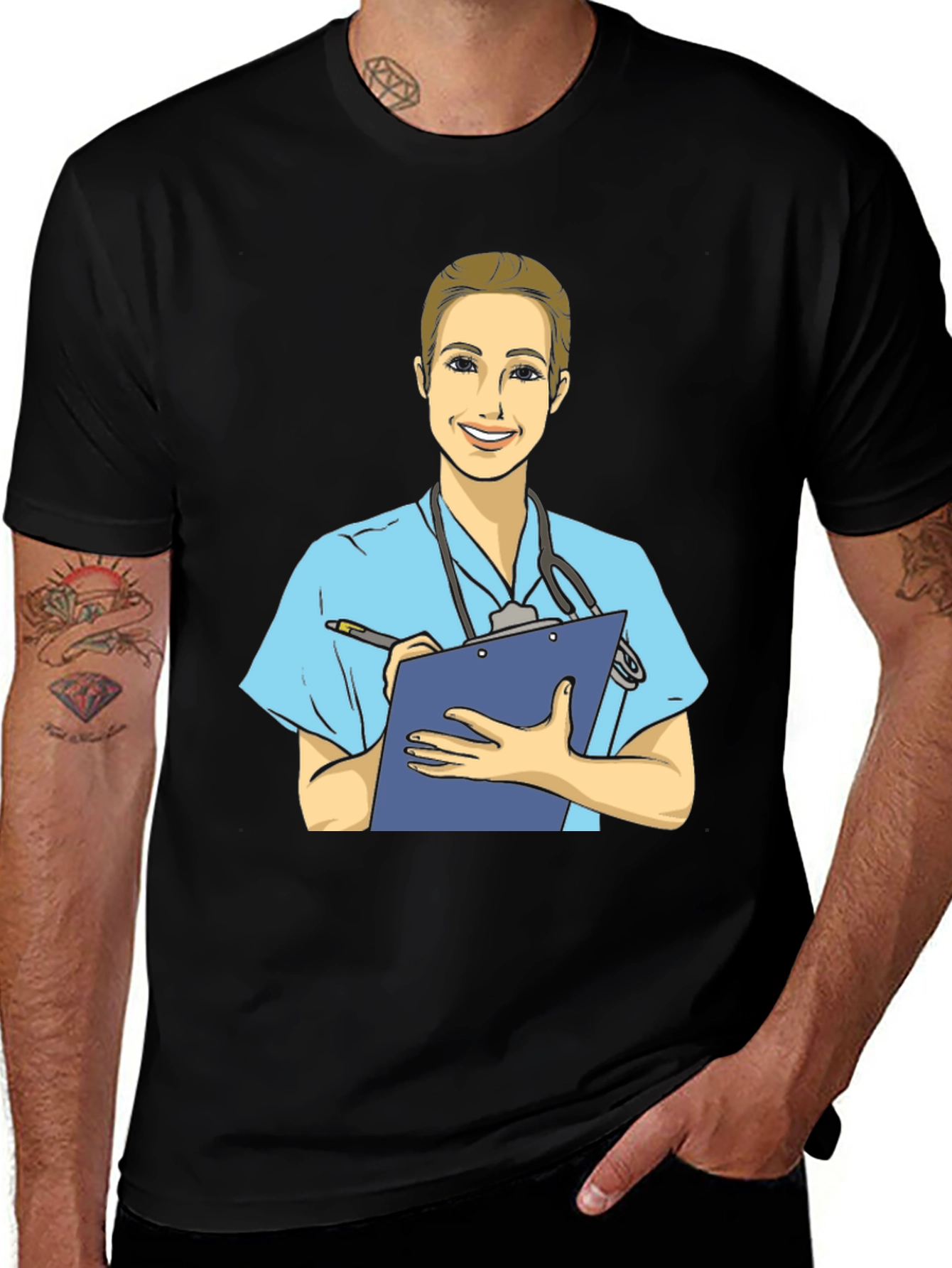 Cartoon Nurse T-Shirt - Black Cotton Blend