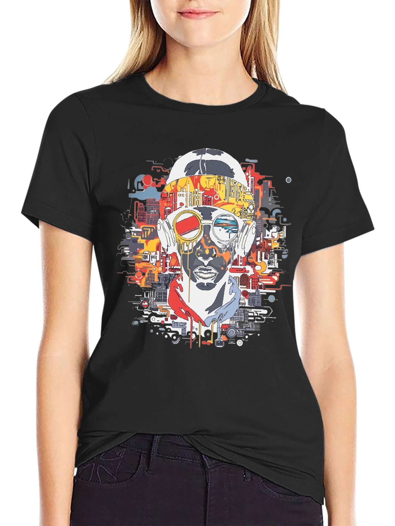 Abstract Cityscape Graphic Print Black T-Shirt