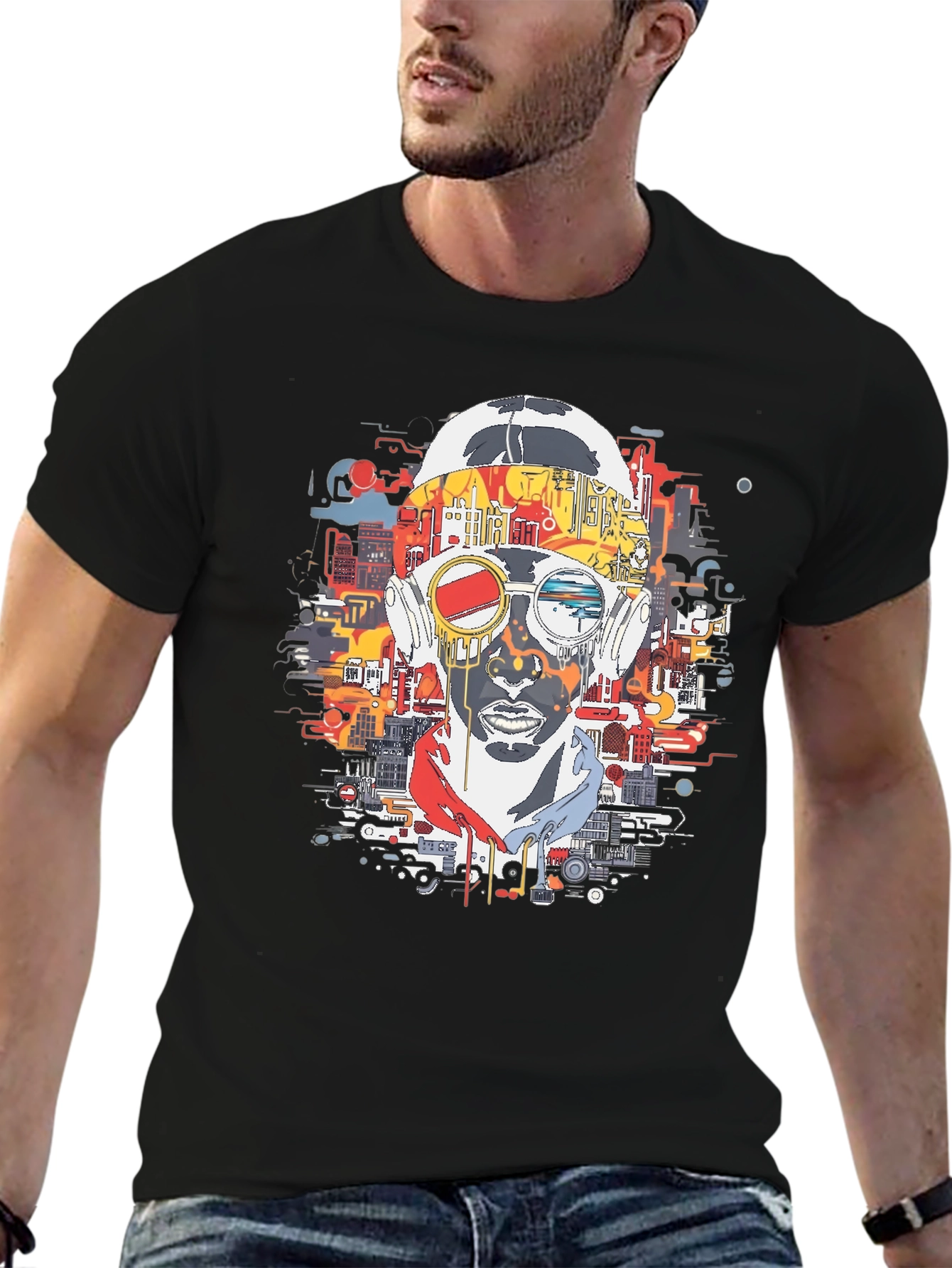 Abstract Cityscape Graphic Print Black T-Shirt