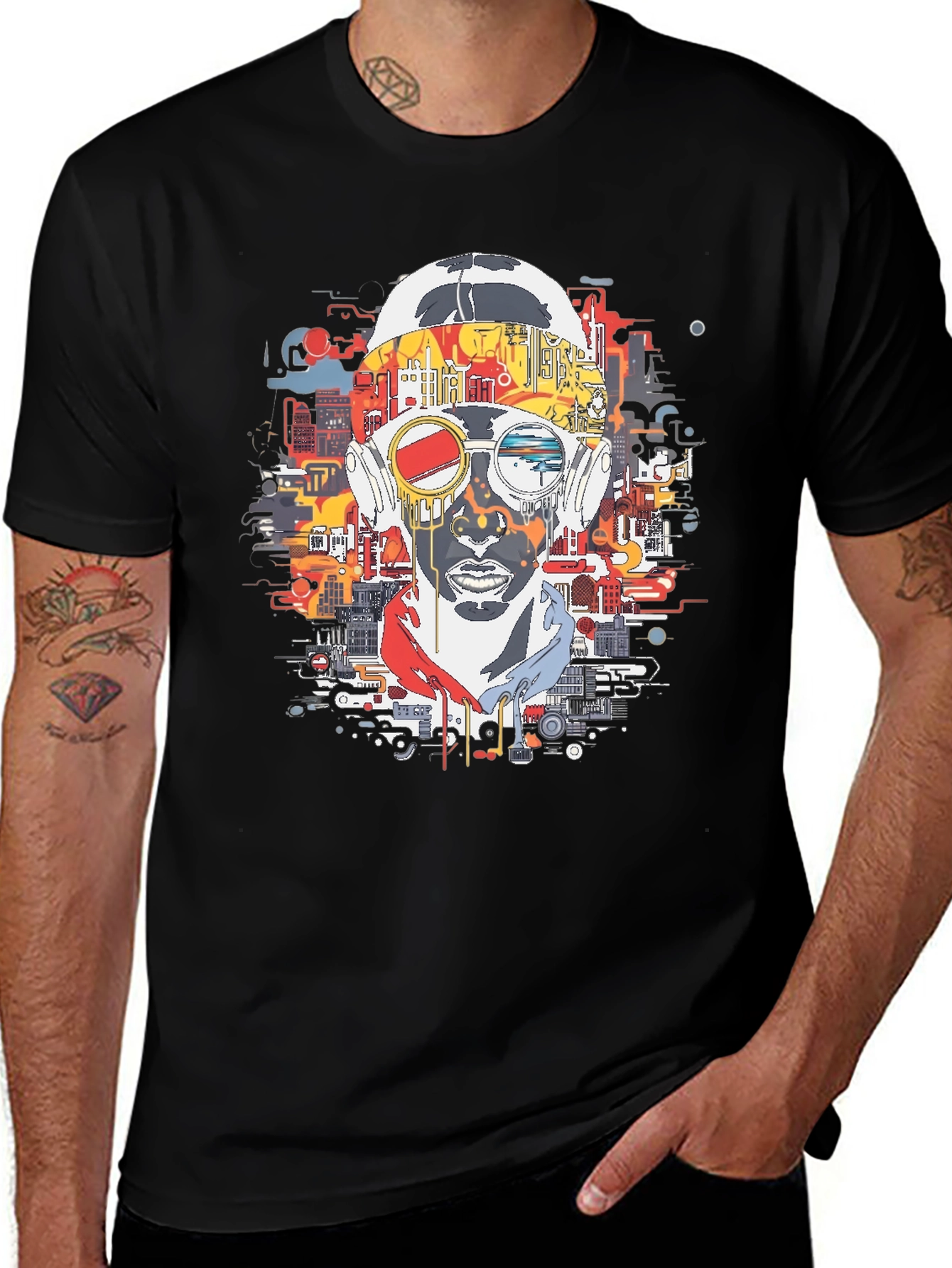Abstract Cityscape Graphic Print Black T-Shirt