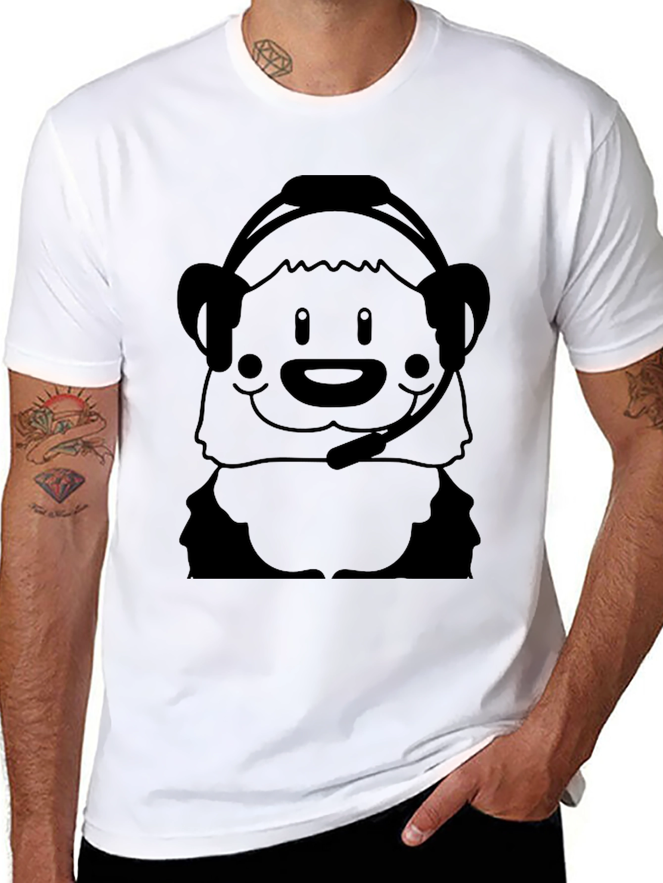 Cartoon Bear Headset Black T-Shirt