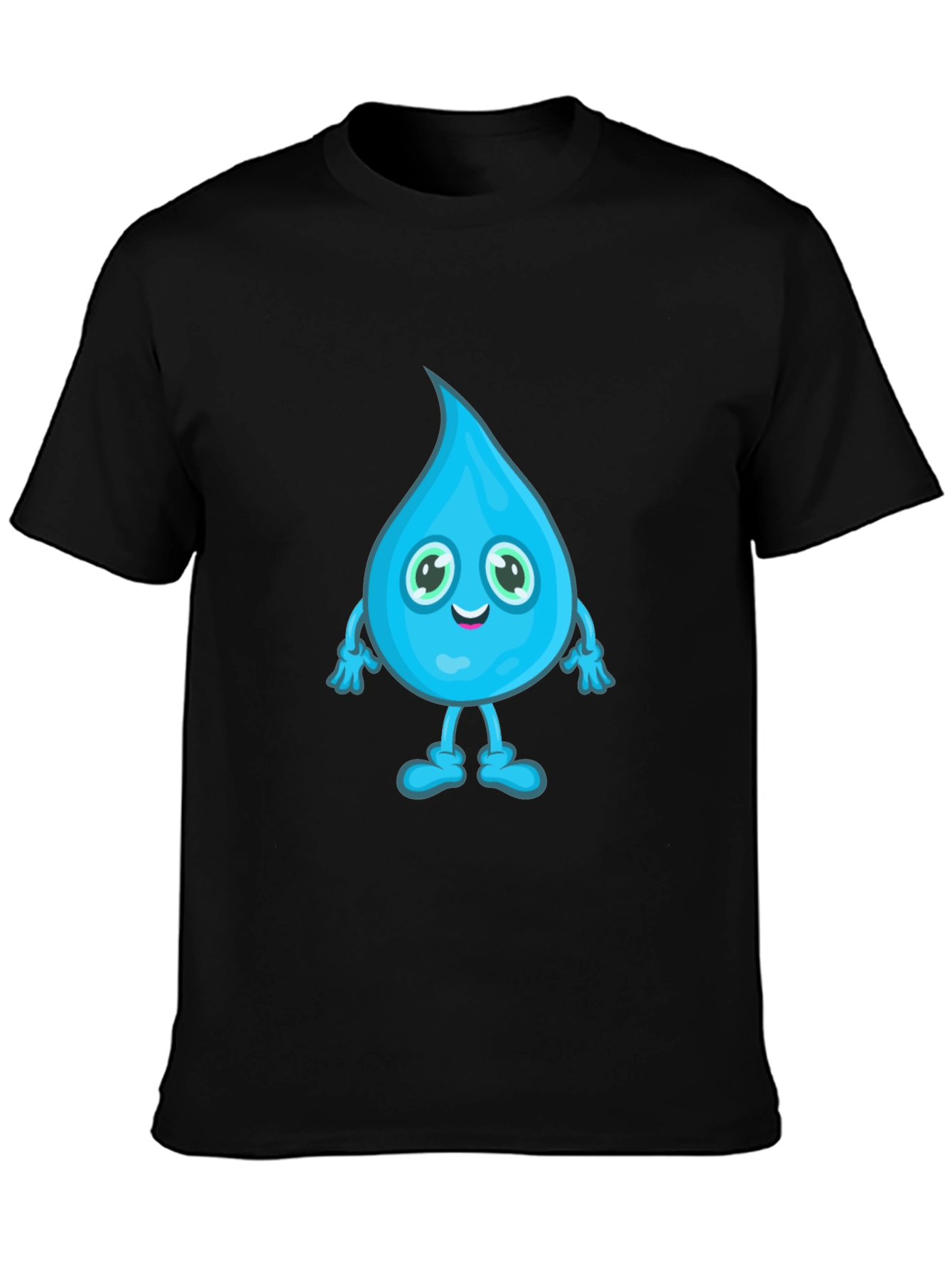 Cartoon Water Drop Graphic Tee - Black Cotton T-Shirt