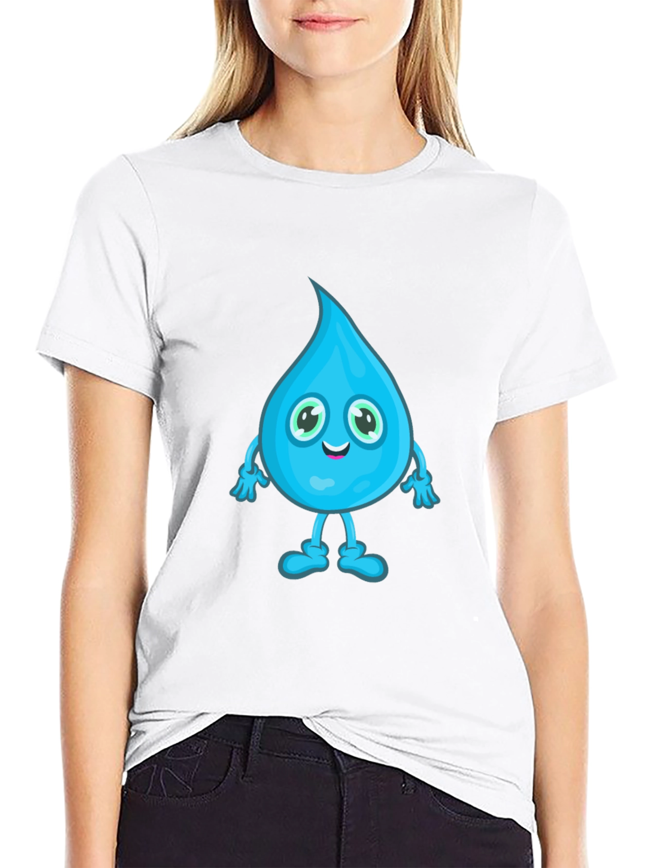 Cartoon Water Drop Graphic Tee - Black Cotton T-Shirt