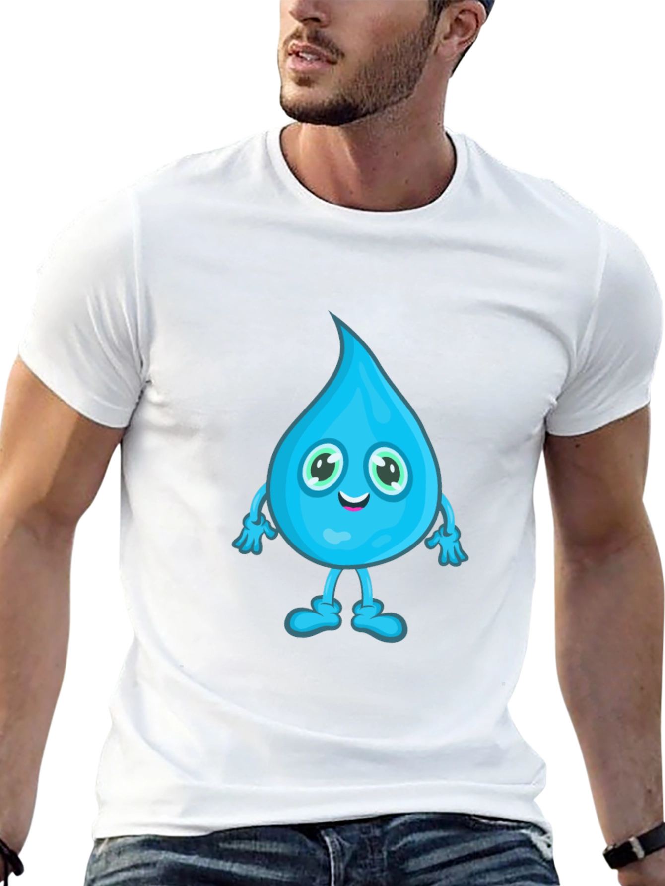 Cartoon Water Drop Graphic Tee - Black Cotton T-Shirt