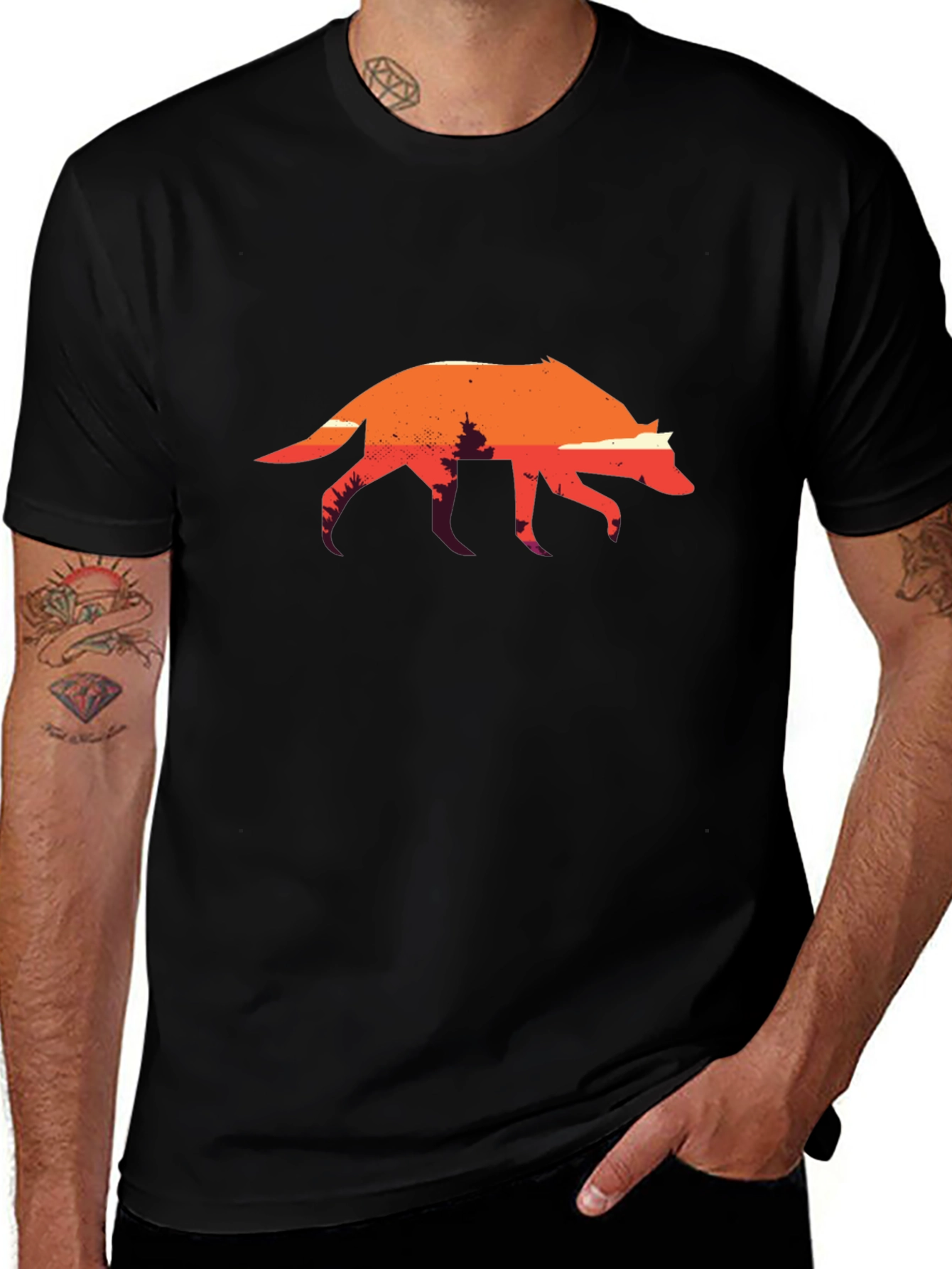 Sunset Wolf Graphic Tee - Black Cotton T-Shirt