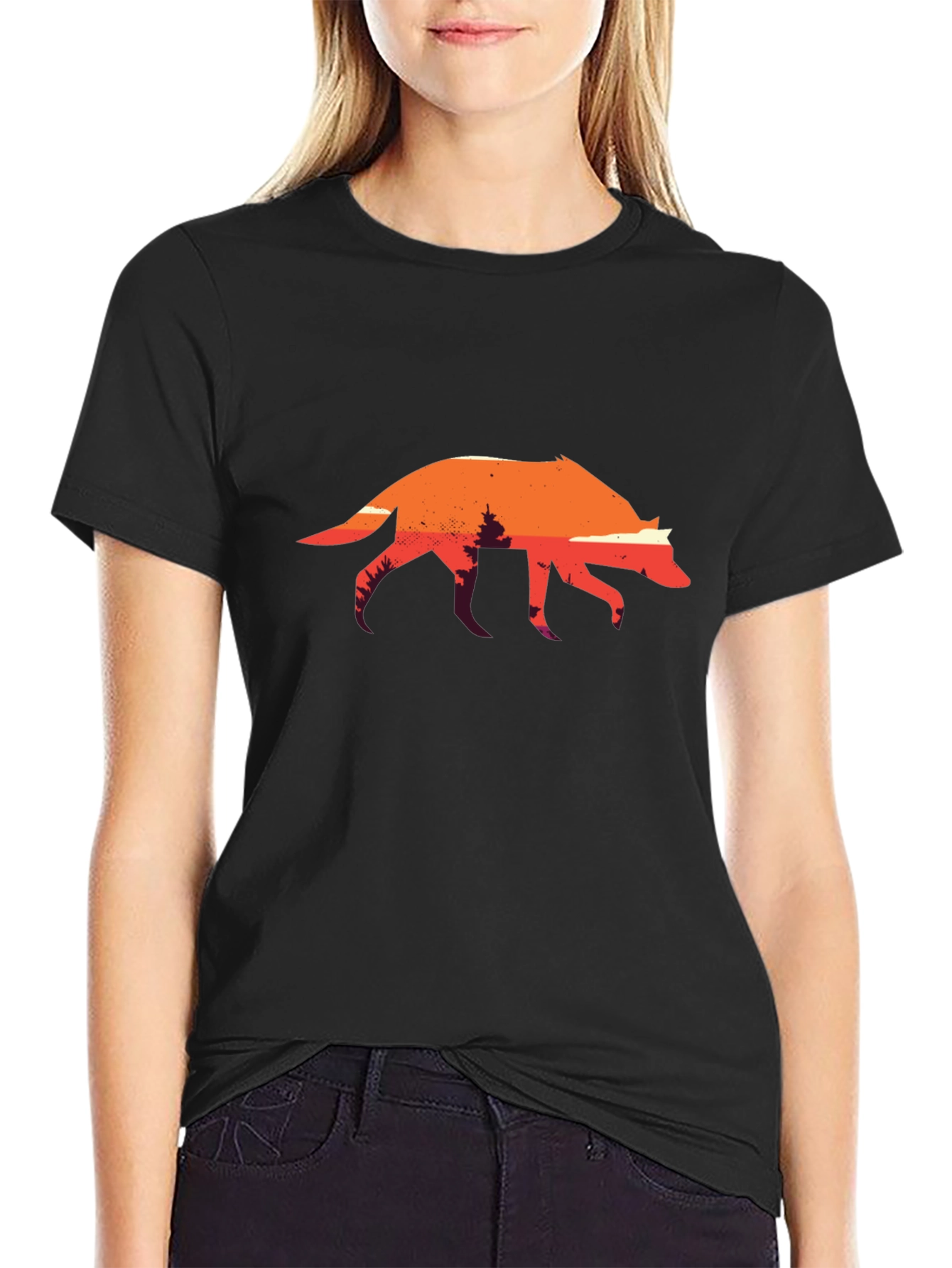 Sunset Wolf Graphic Tee - Black Cotton T-Shirt