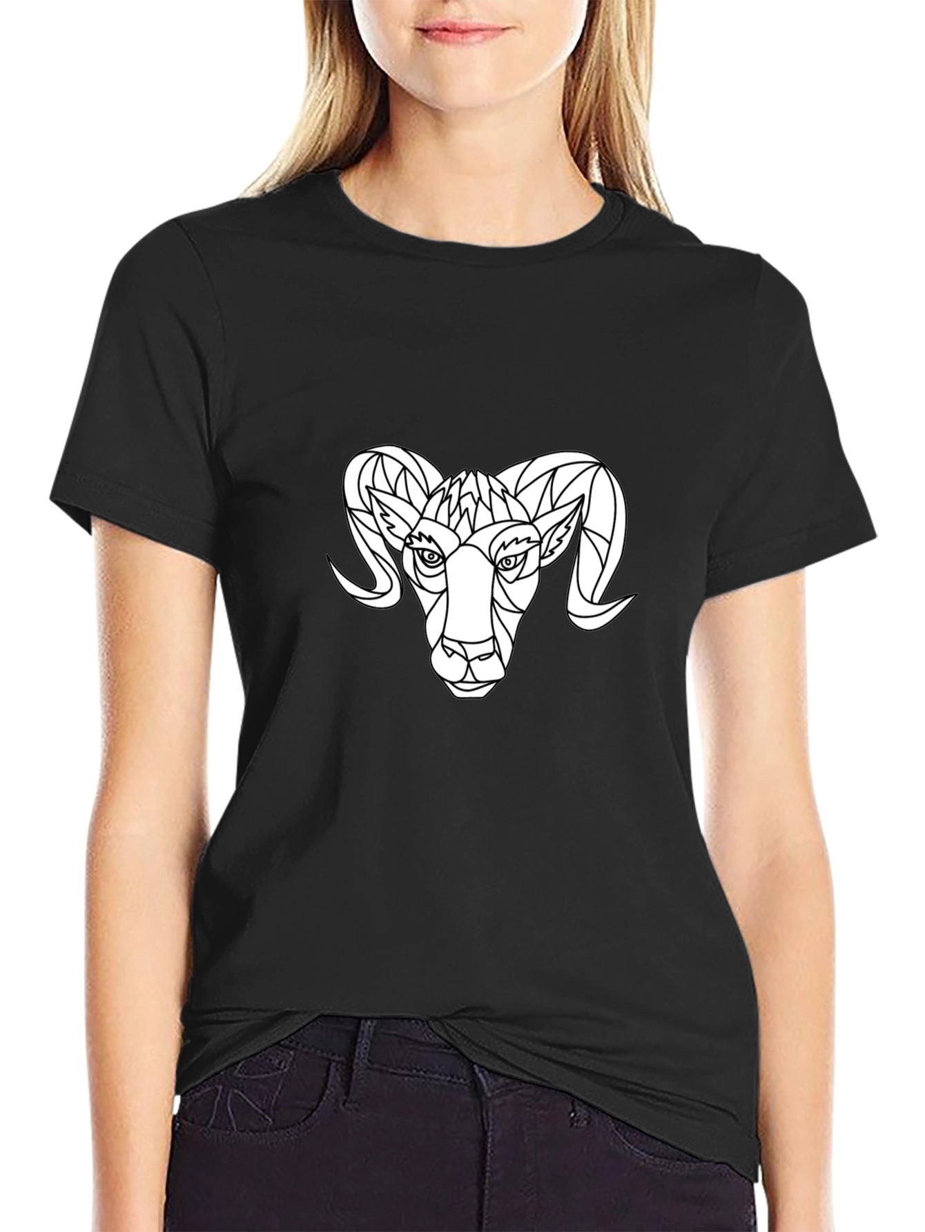 Geometric Ram Graphic Tee - Black Cotton