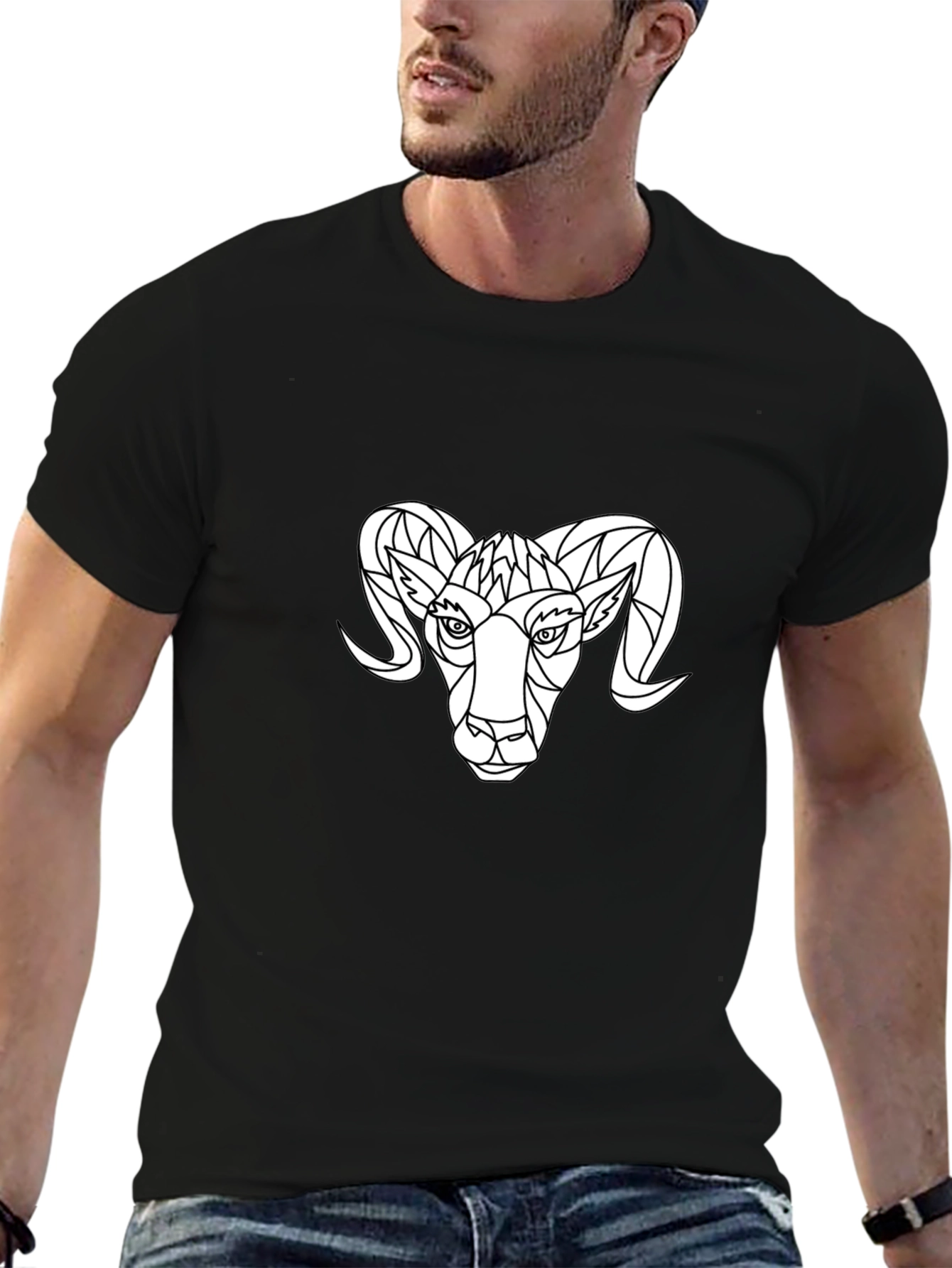 Geometric Ram Graphic Tee - Black Cotton