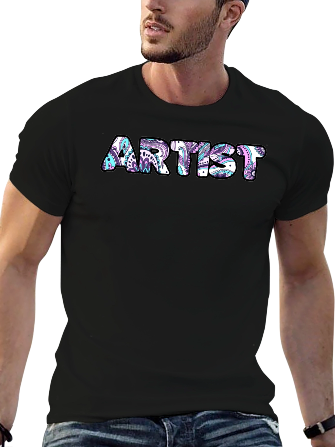 Artist Tee - Floral Design Black Cotton T-Shirt