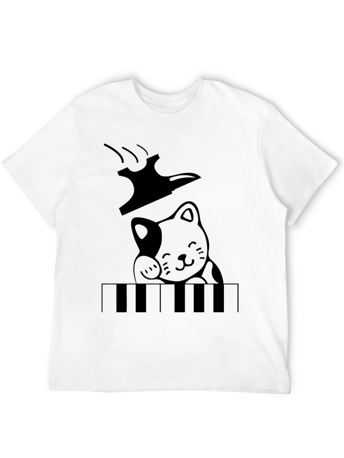 Cat Playing Piano Graphic T-Shirt - Black
