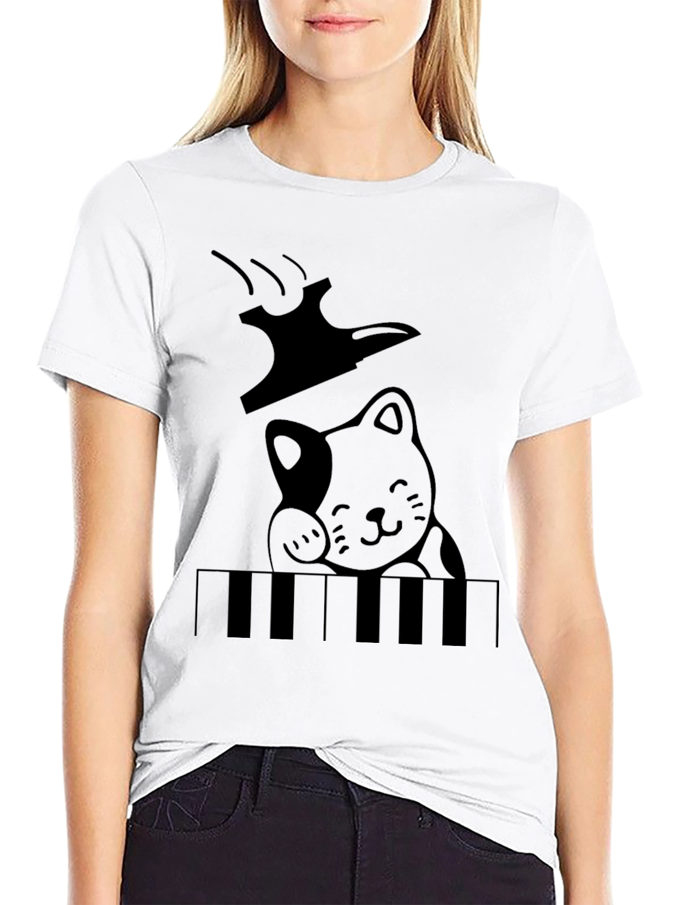 Cat Playing Piano Graphic T-Shirt - Black