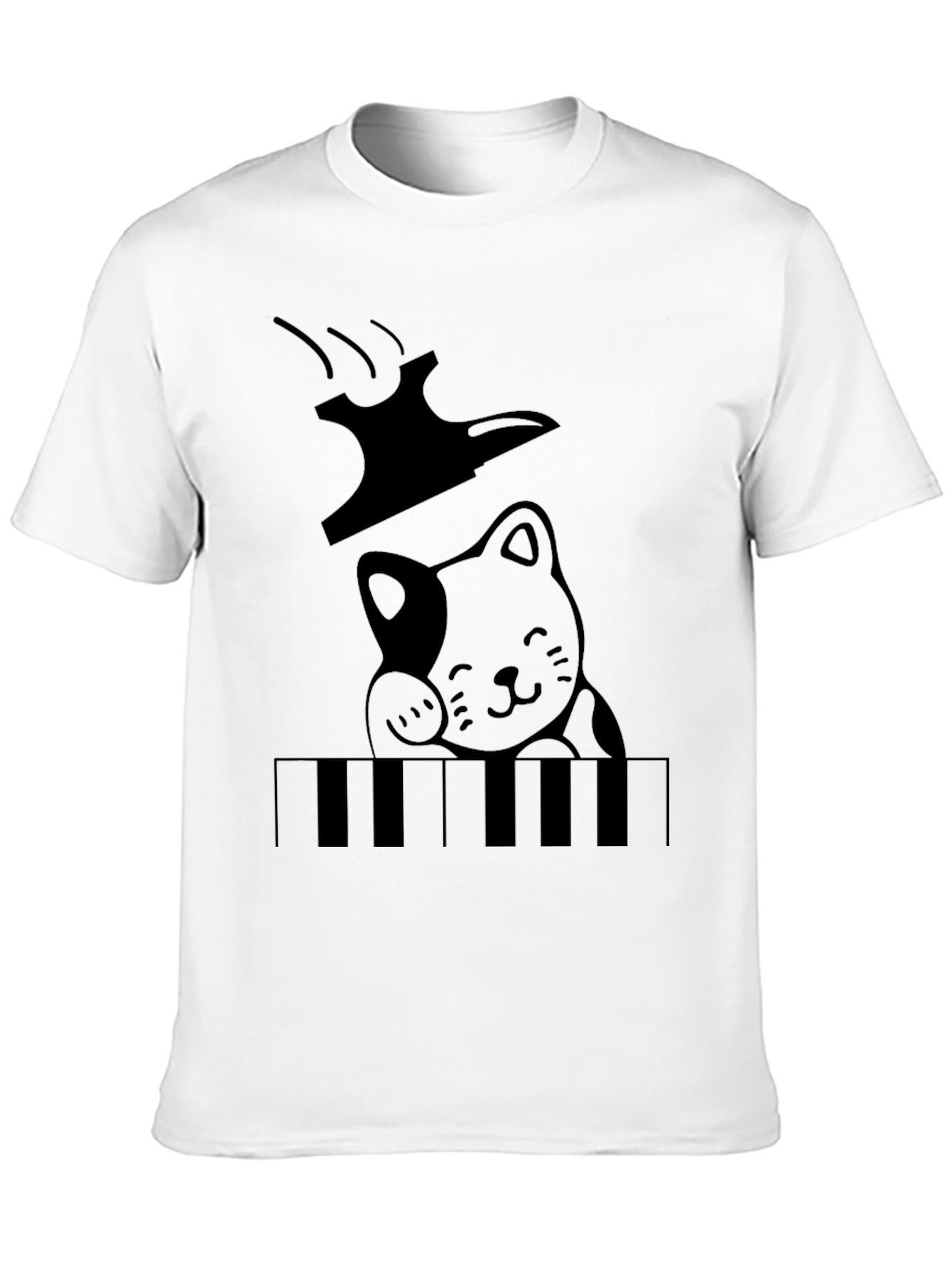 Cat Playing Piano Graphic T-Shirt - Black