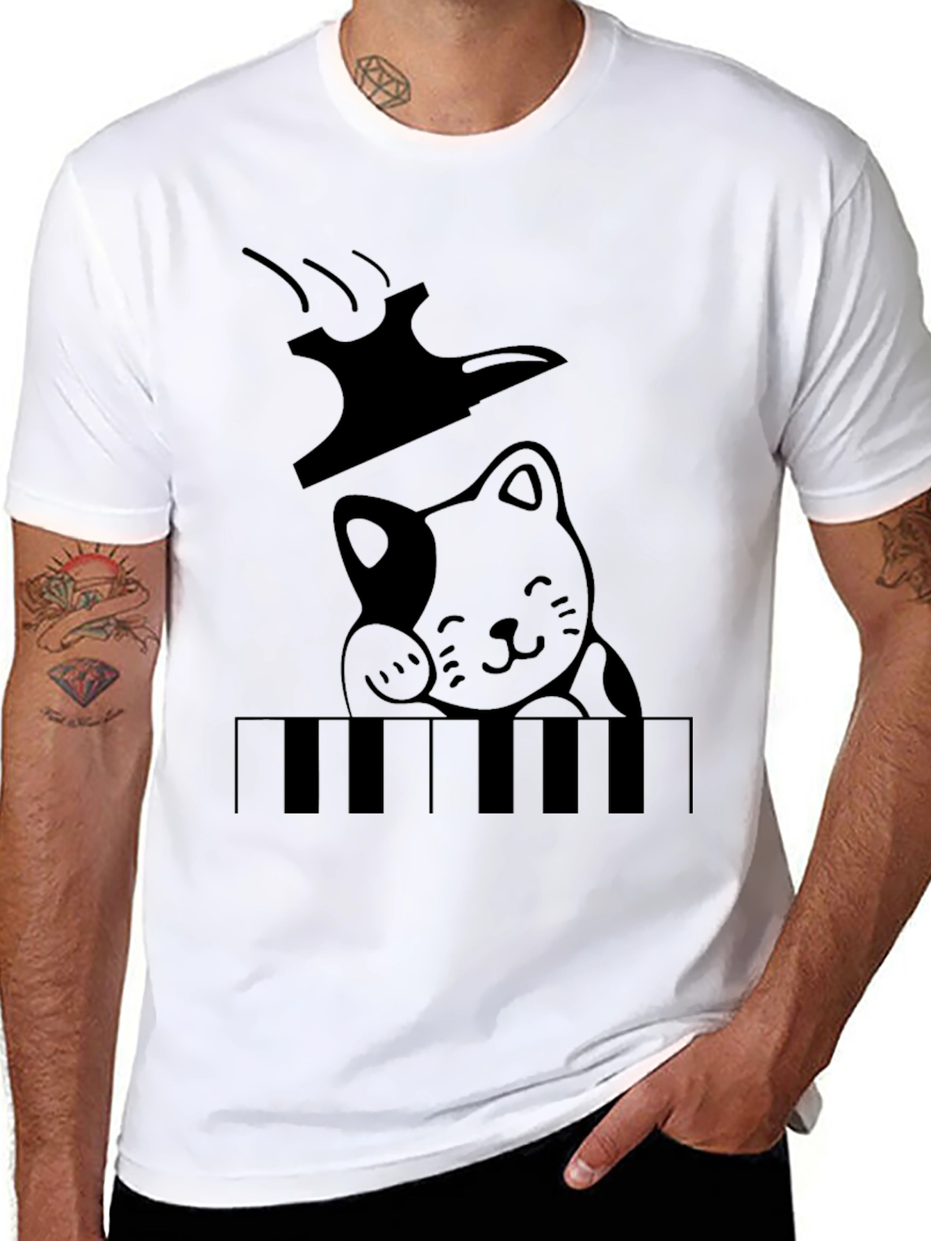 Cat Playing Piano Graphic T-Shirt - Black