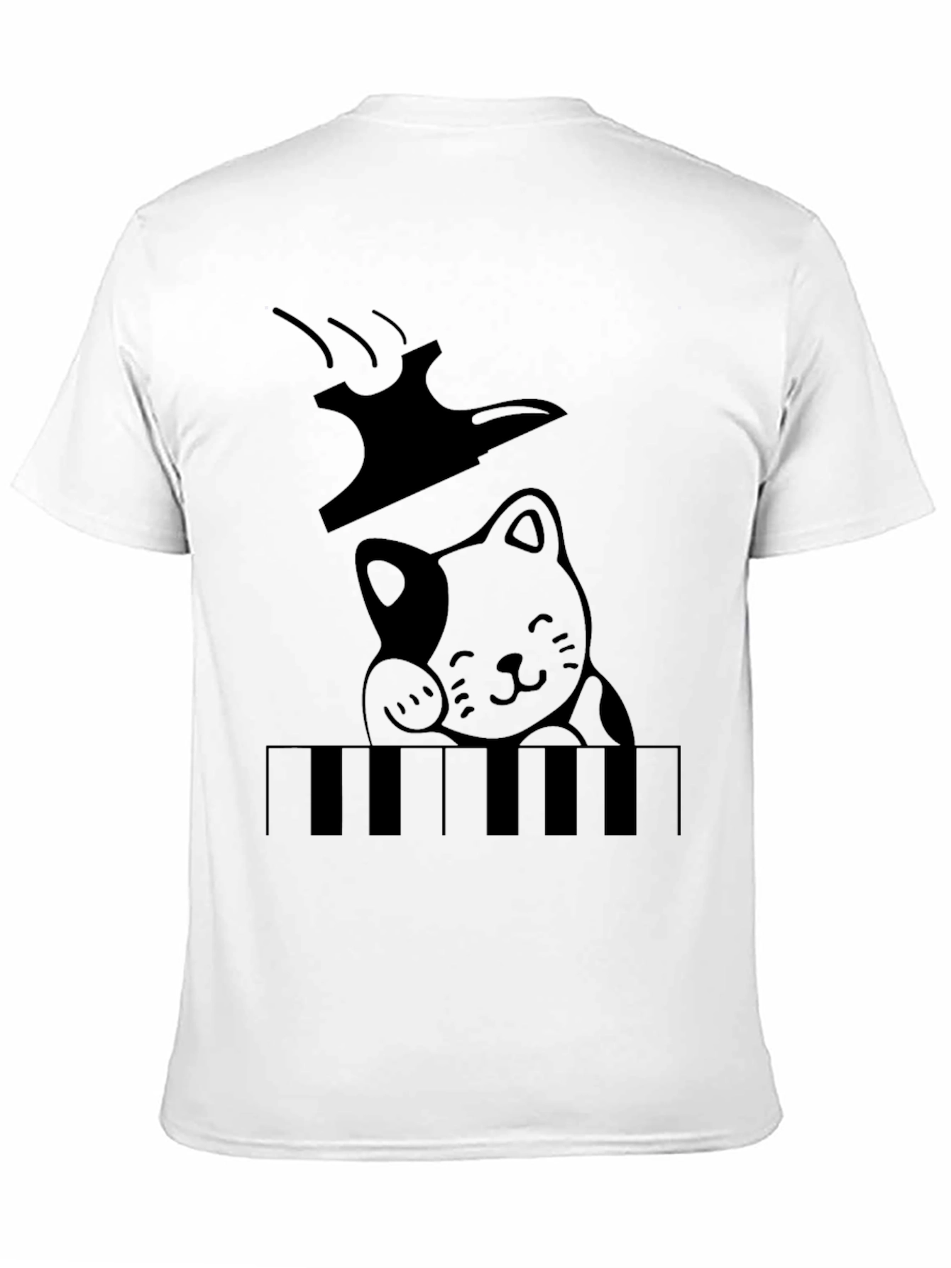 Cat Playing Piano Graphic T-Shirt - Black