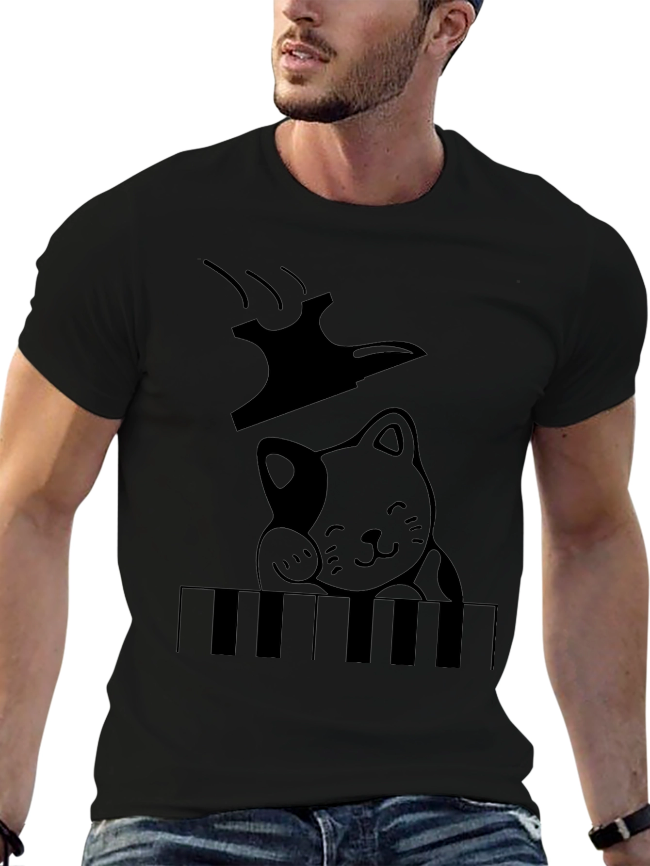 Cat Playing Piano Graphic T-Shirt - Black