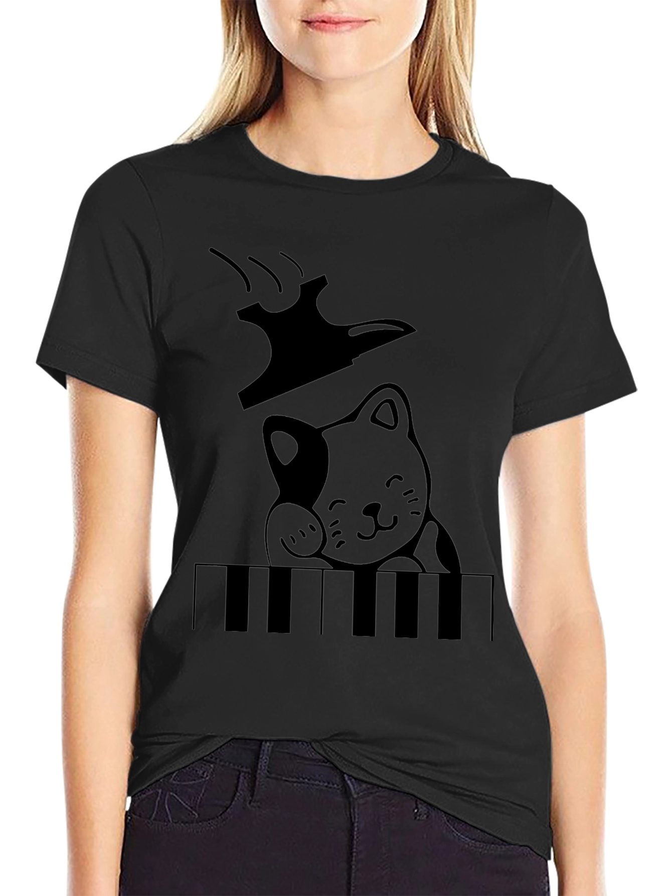 Cat Playing Piano Graphic T-Shirt - Black