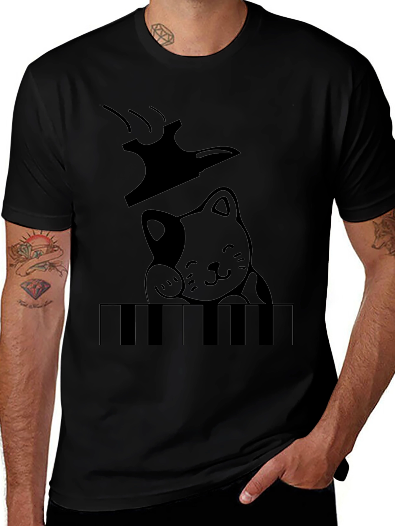 Cat Playing Piano Graphic T-Shirt - Black