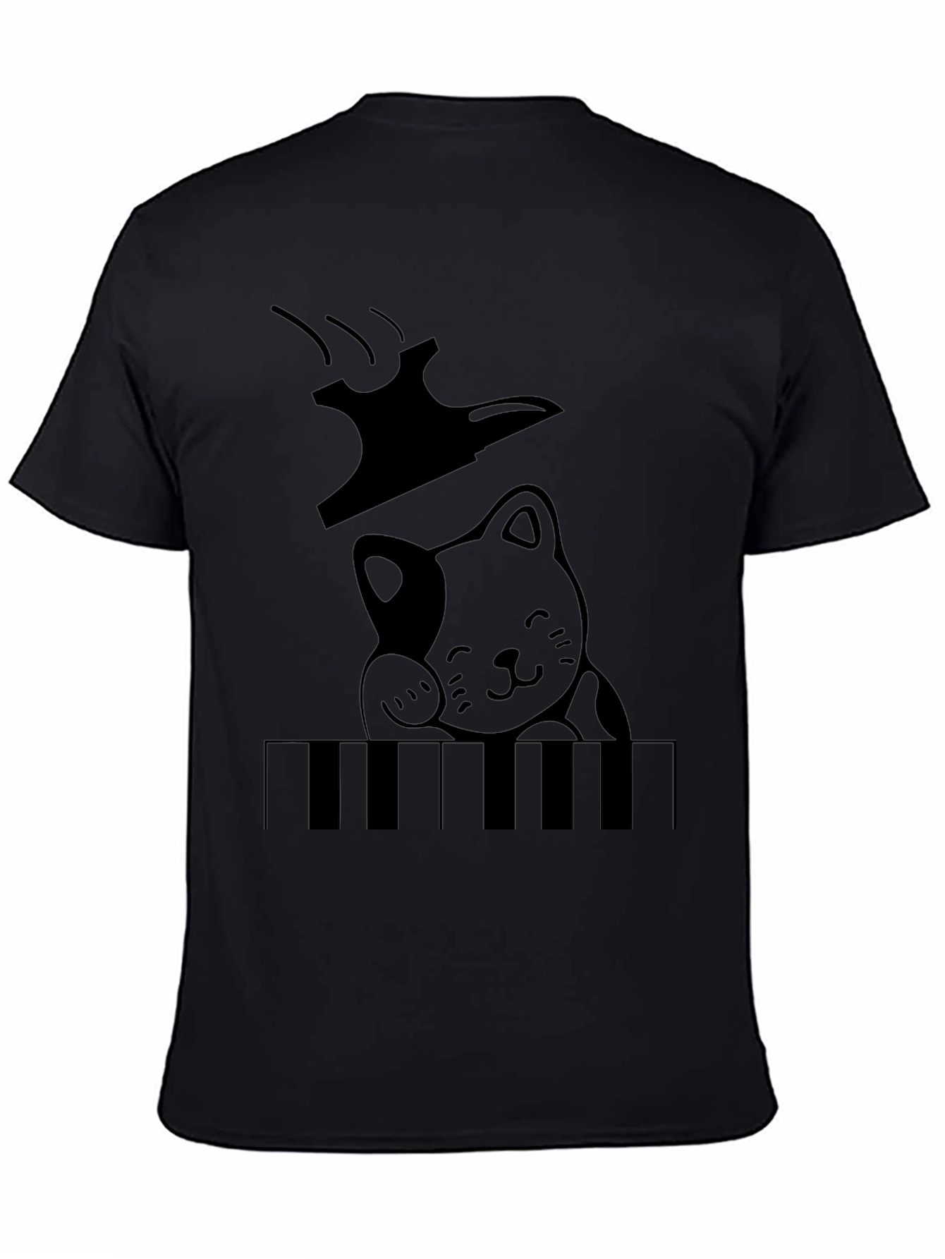 Cat Playing Piano Graphic T-Shirt - Black