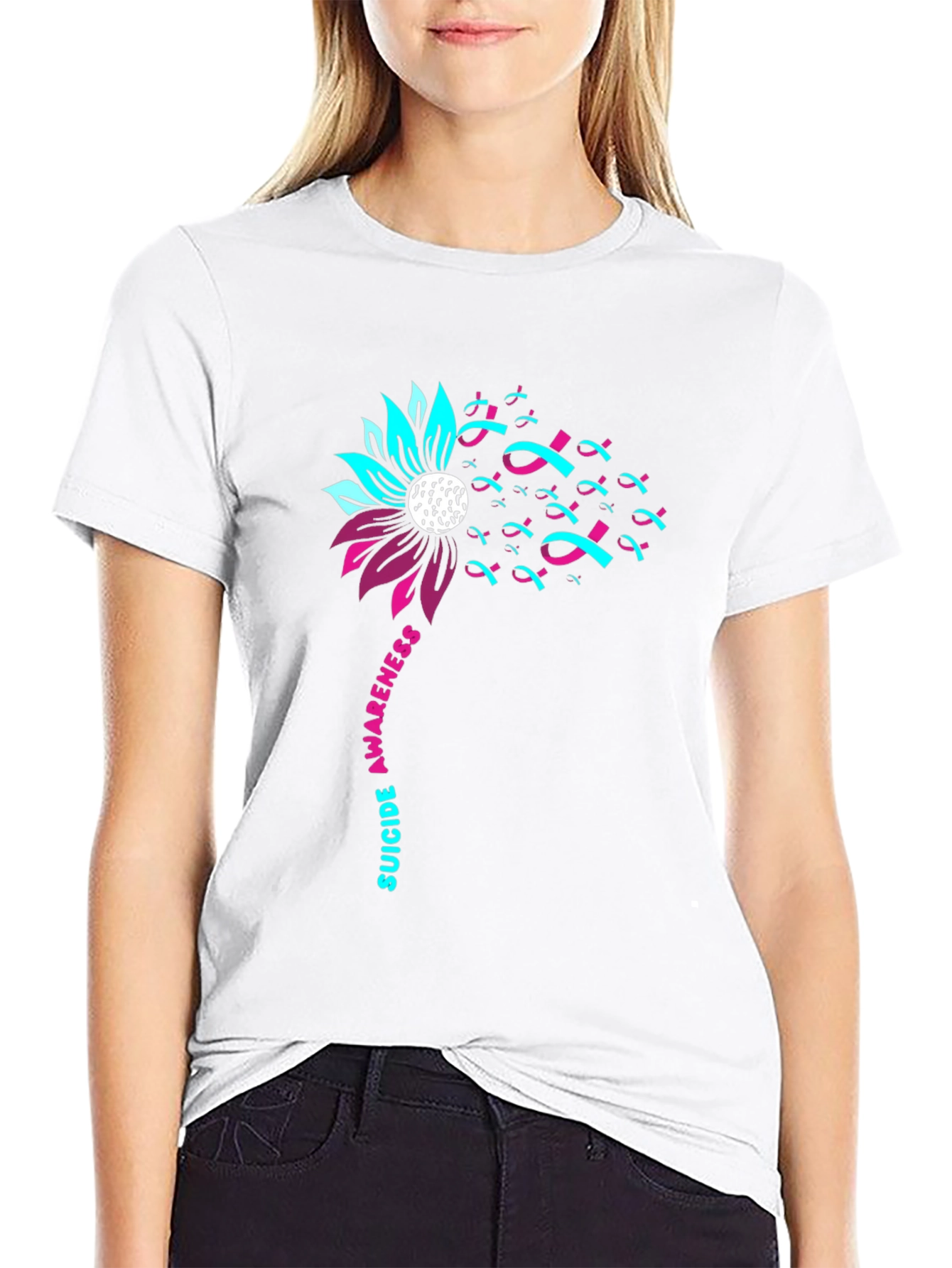Suicide Awareness Ribbon Flower Black T-Shirt