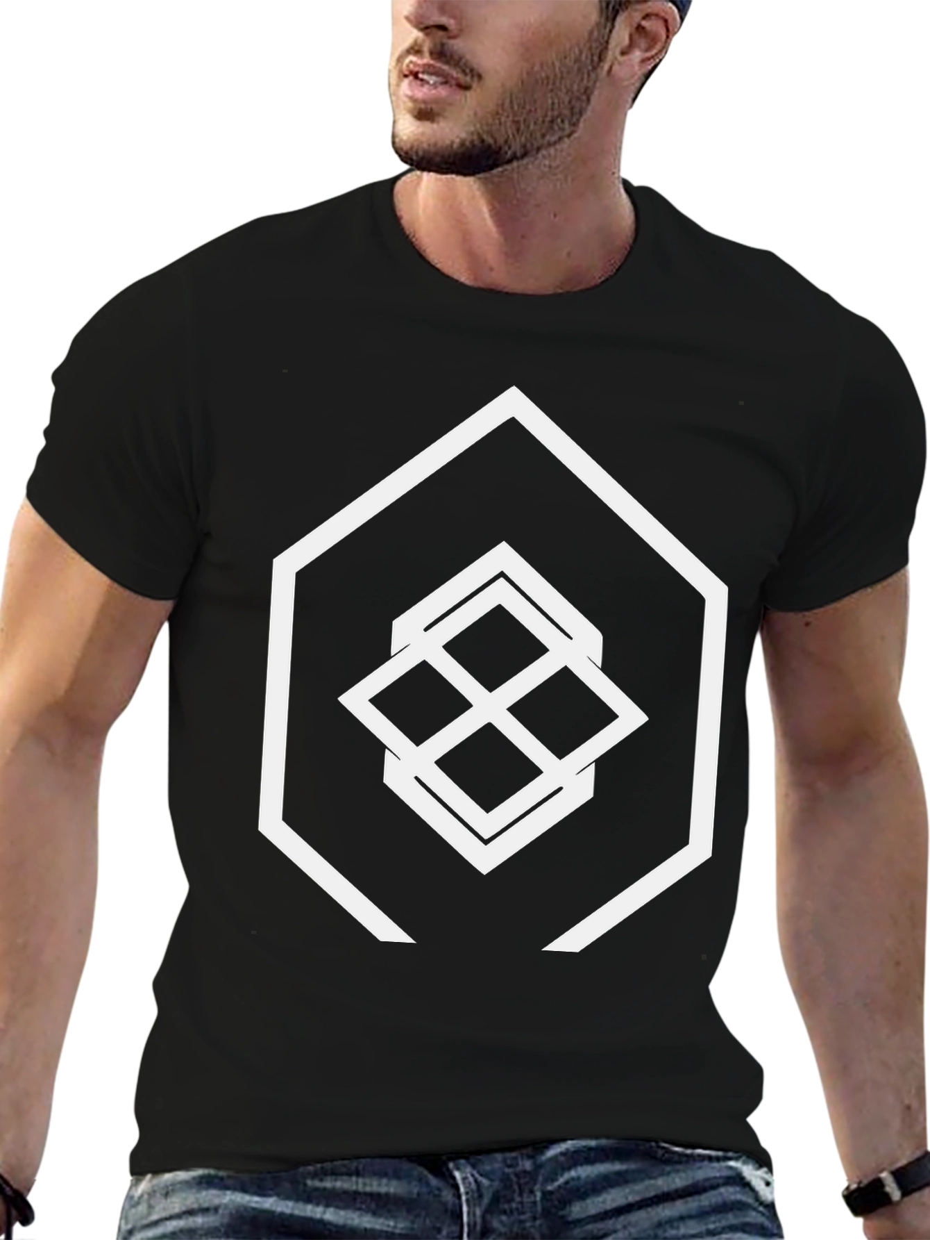 Geometric Hexagon Graphic Tee - Black