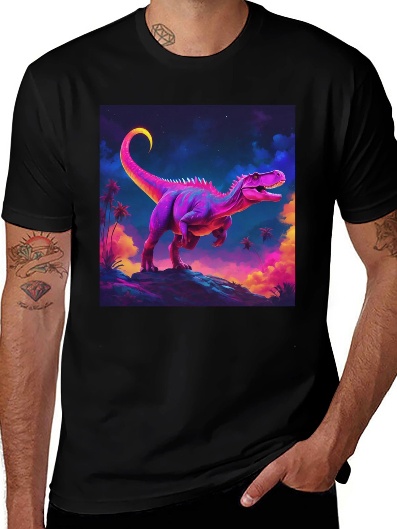 Neon Dinosaur Graphic Tee - Black