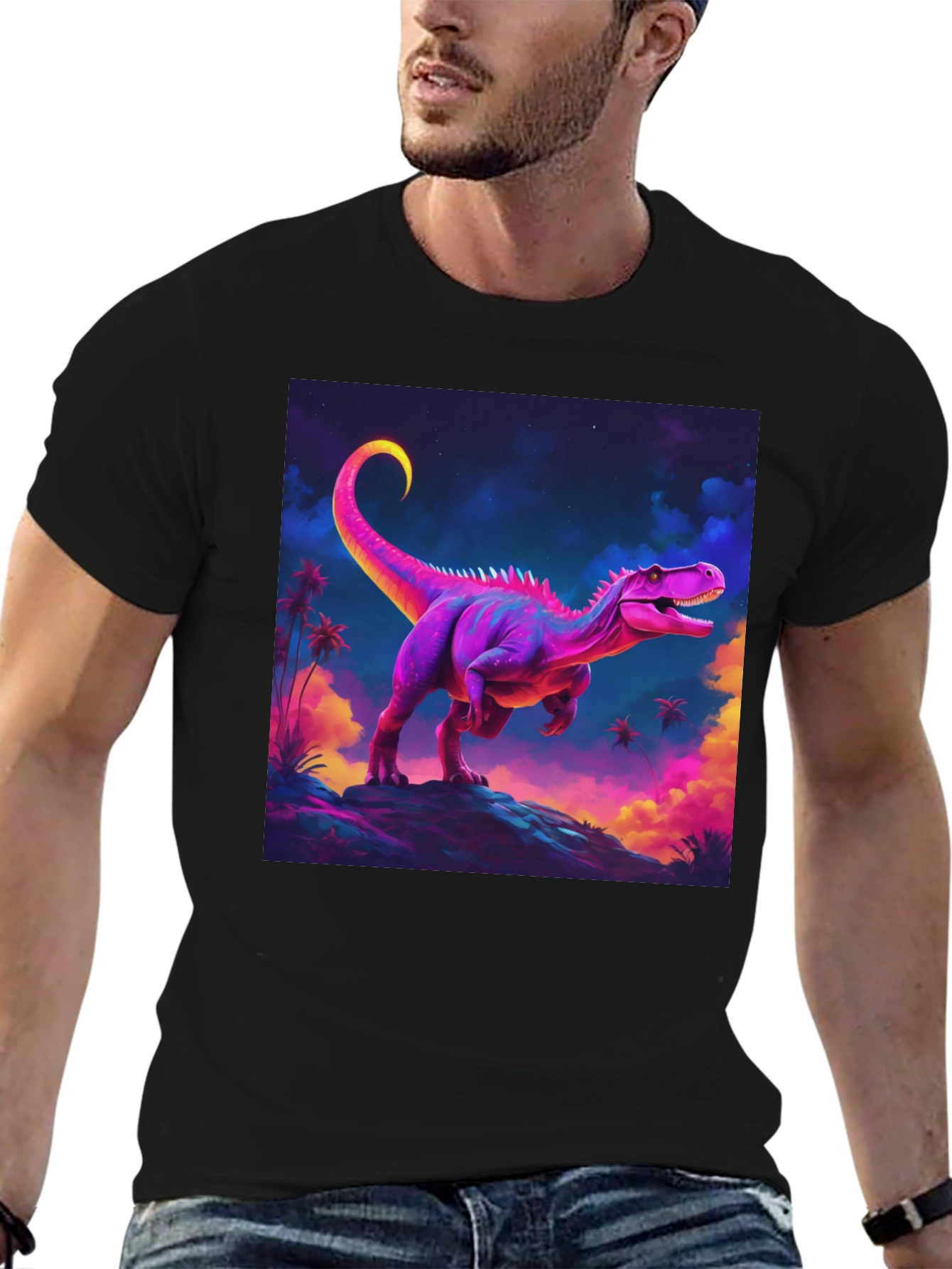 Neon Dinosaur Graphic Tee - Black