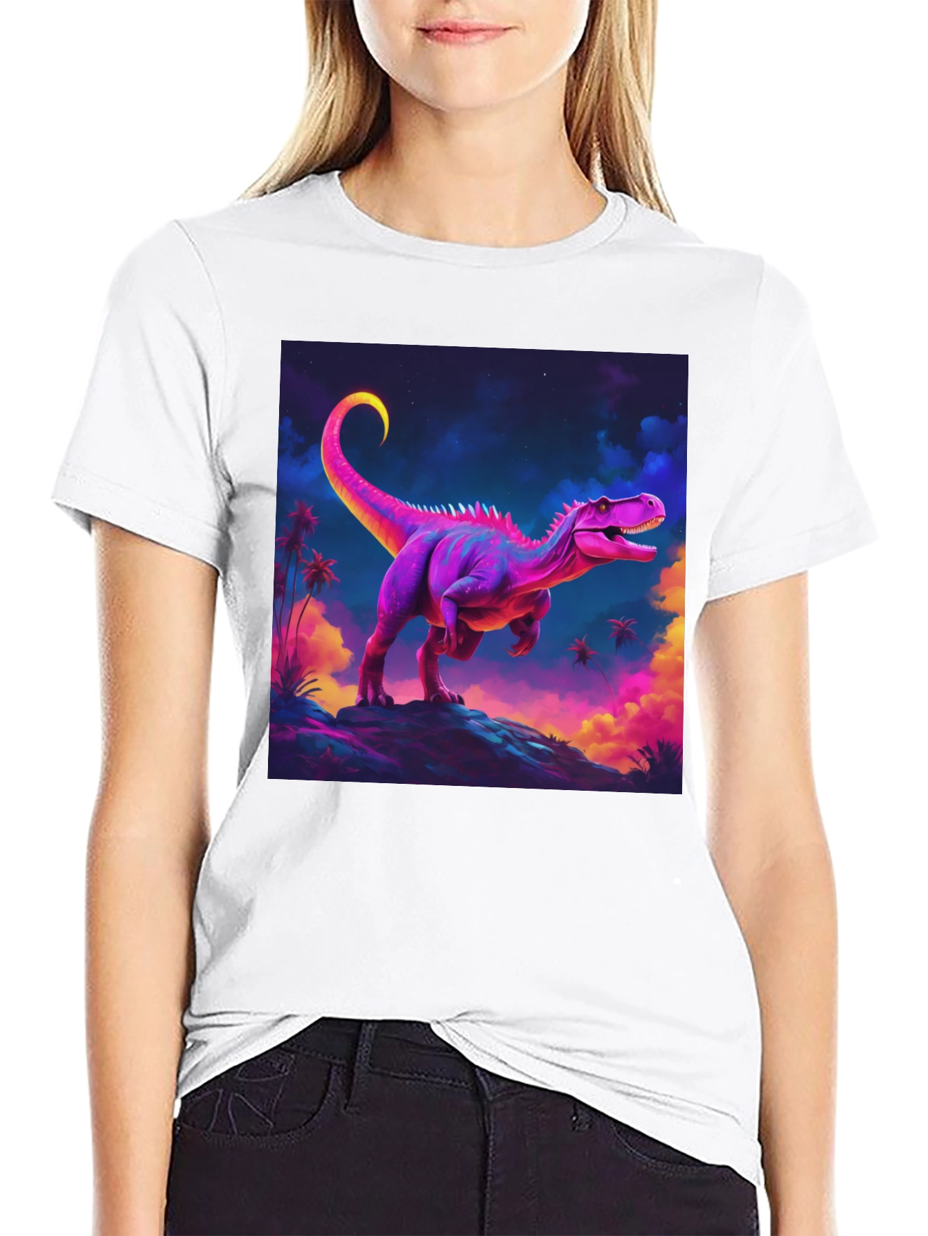 Neon Dinosaur Graphic Tee - Black