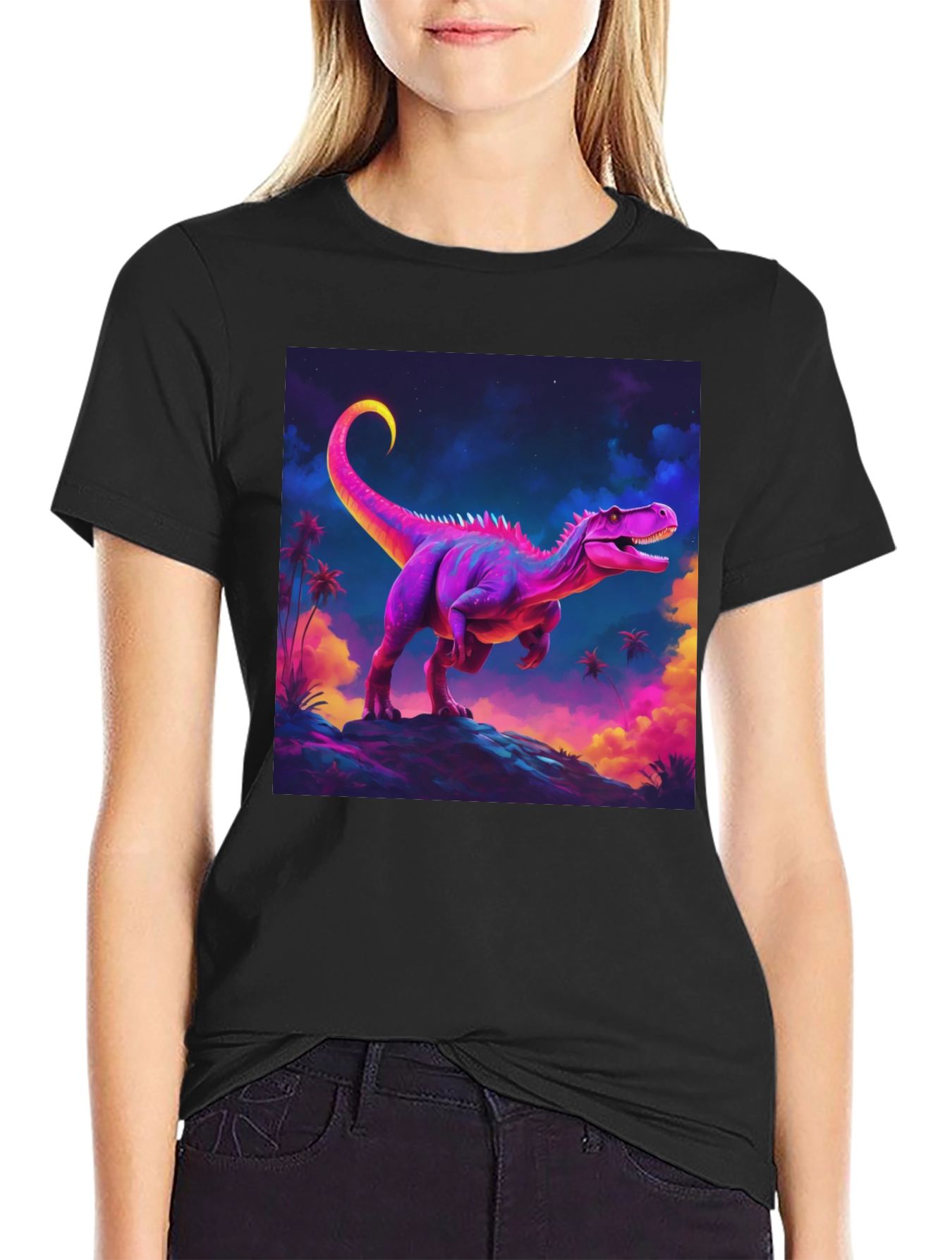 Neon Dinosaur Graphic Tee - Black