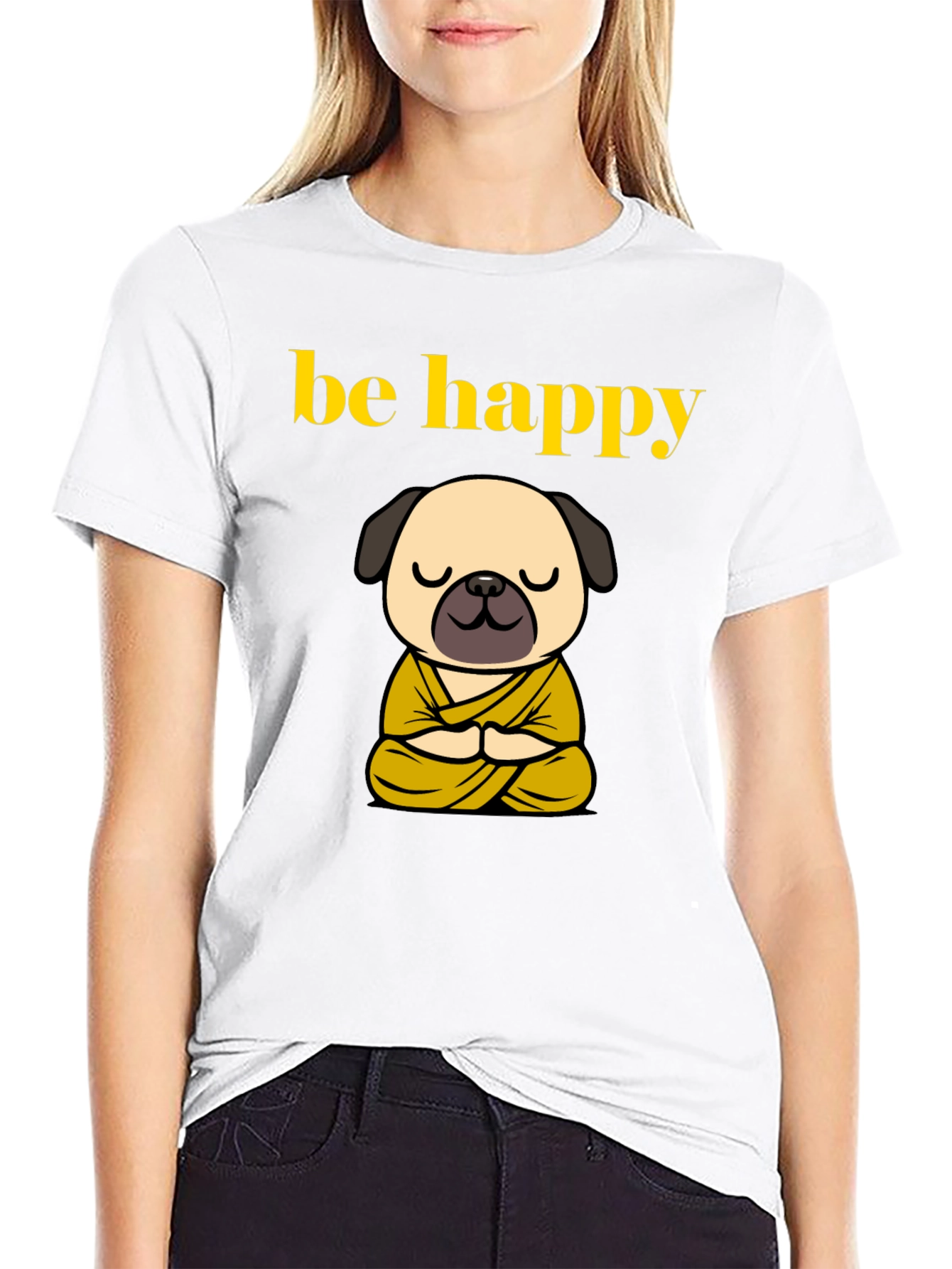 Be Happy Pug Buddha T-Shirt - Meditating Dog Tee