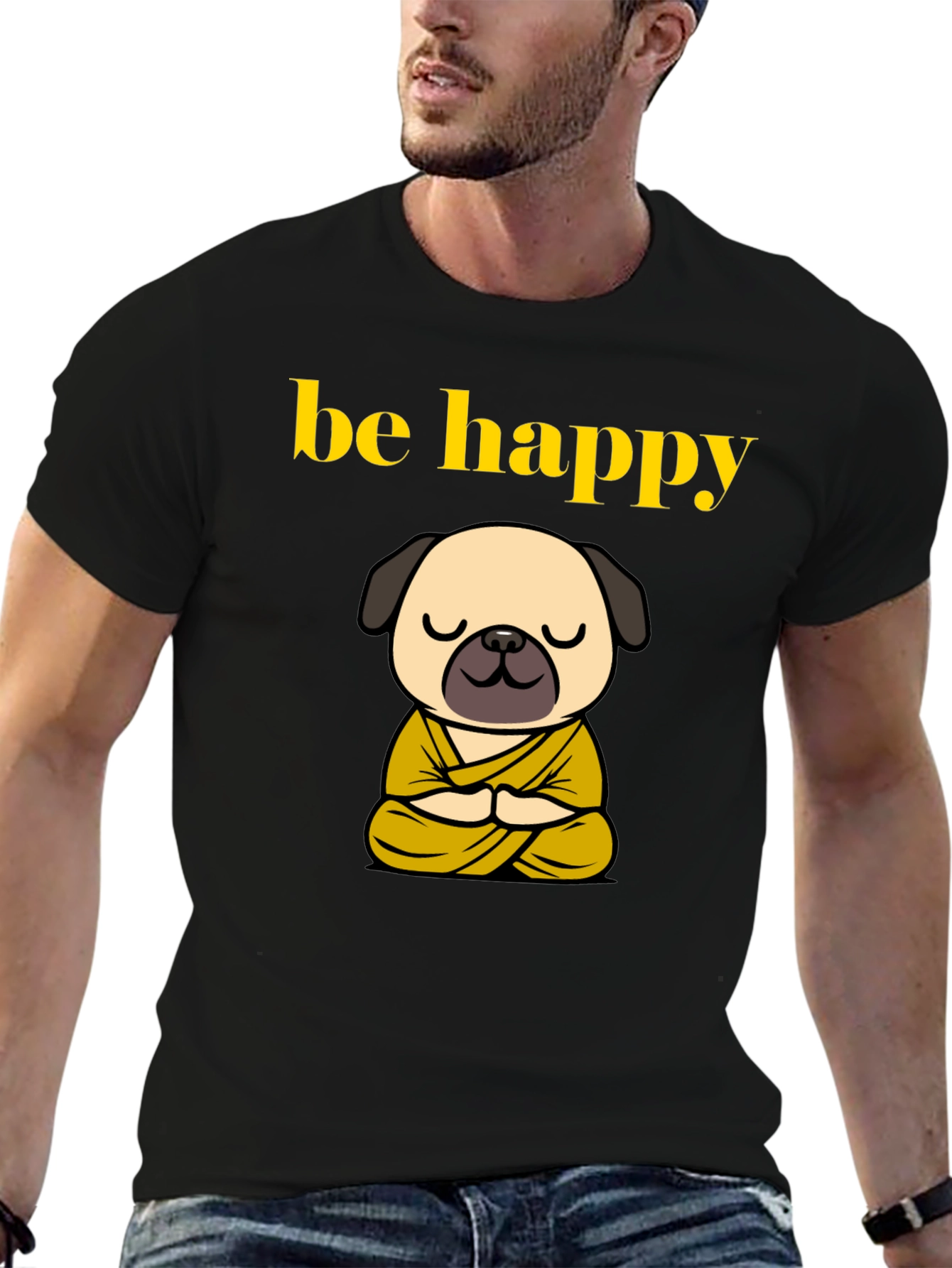 Be Happy Pug Buddha T-Shirt - Meditating Dog Tee
