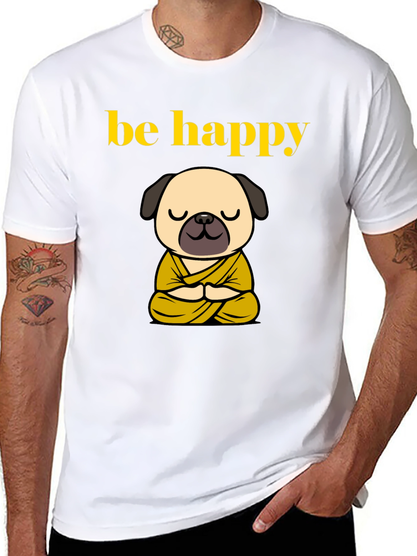 Be Happy Pug Buddha T-Shirt - Meditating Dog Tee