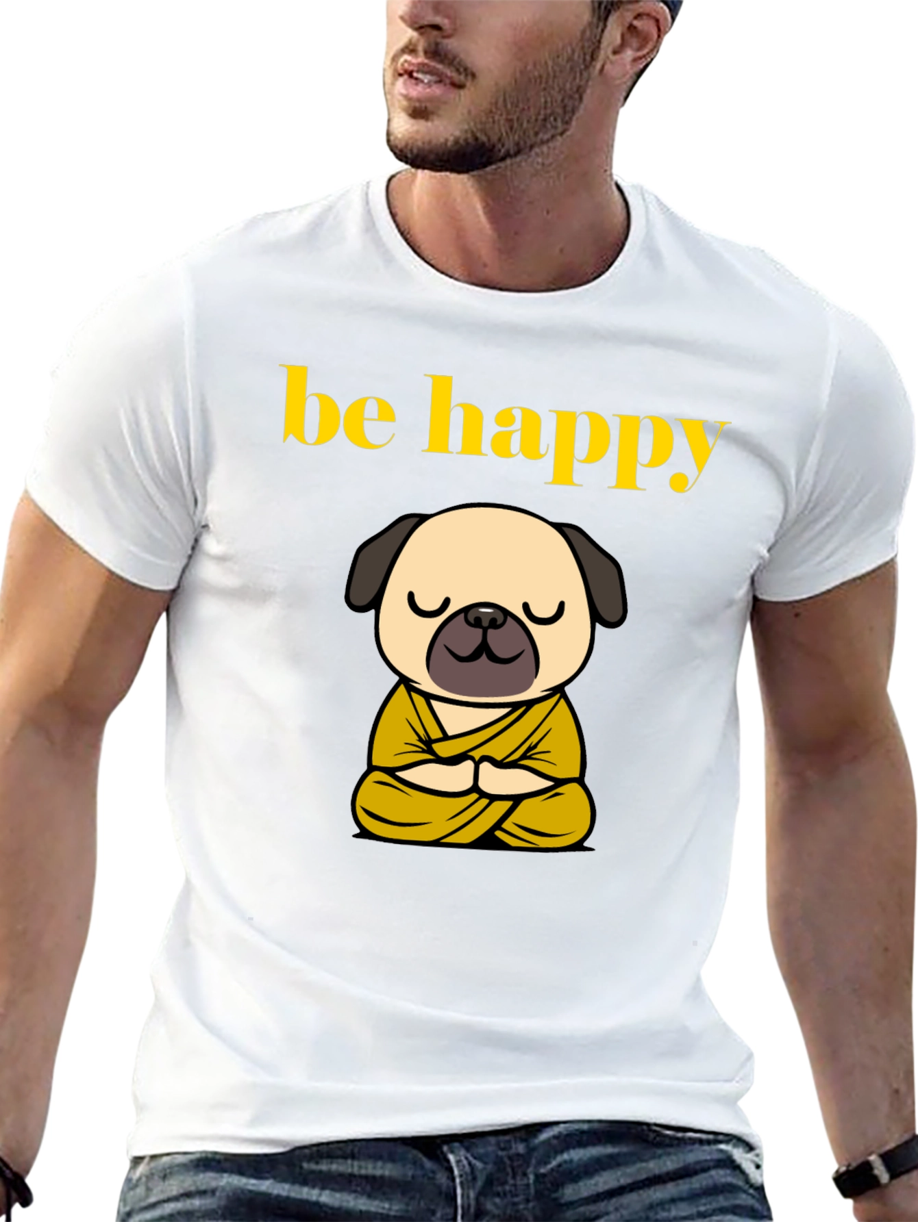 Be Happy Pug Buddha T-Shirt - Meditating Dog Tee