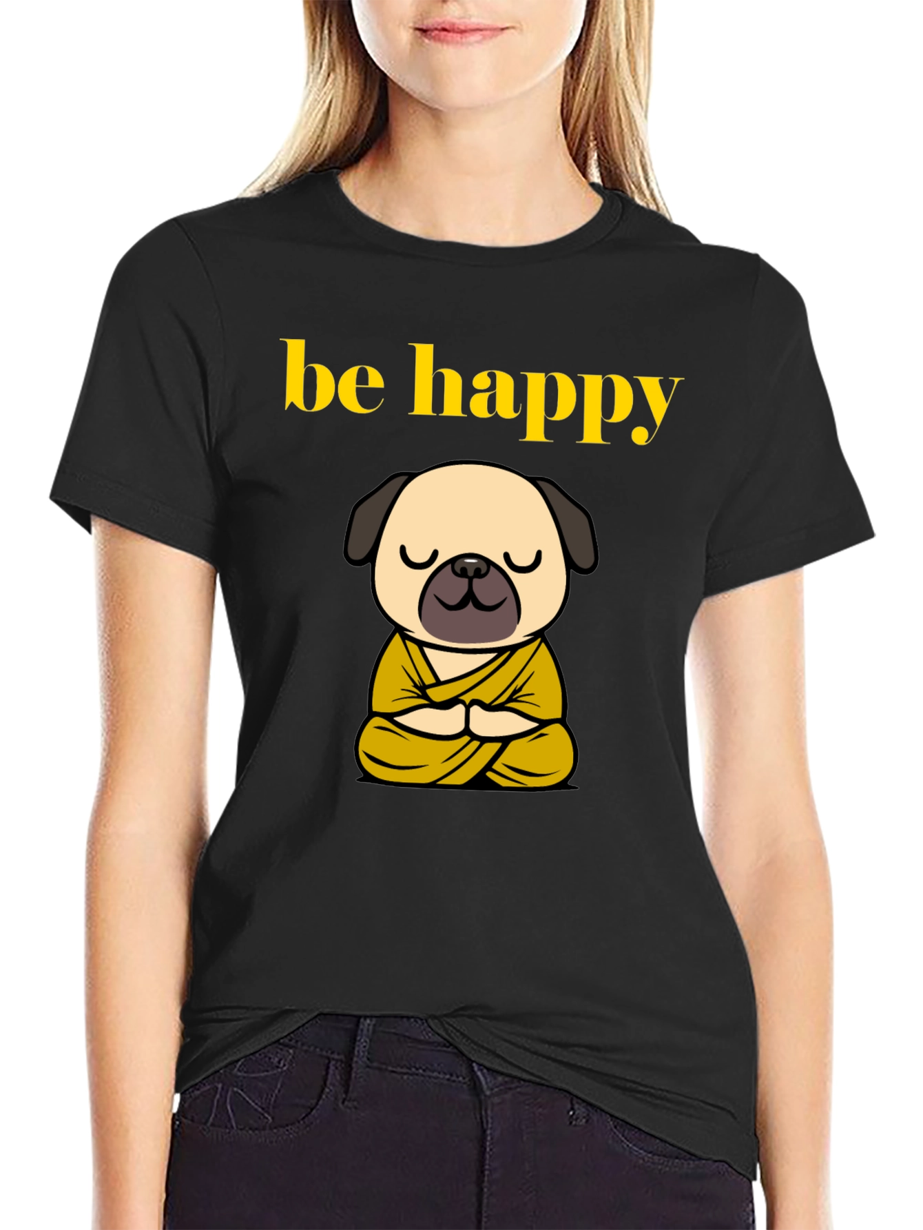 Be Happy Pug Buddha T-Shirt - Meditating Dog Tee