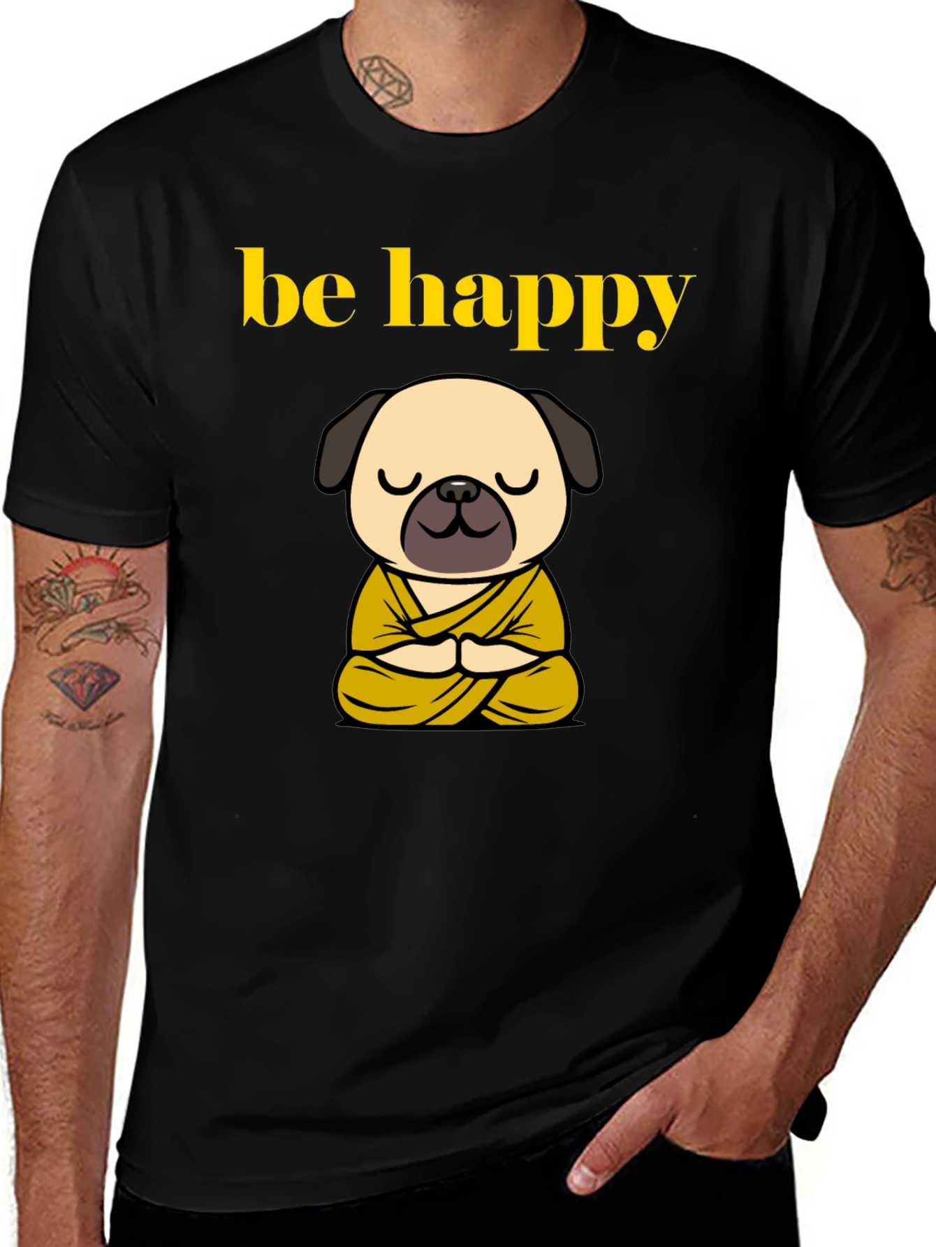 Be Happy Pug Buddha T-Shirt - Meditating Dog Tee