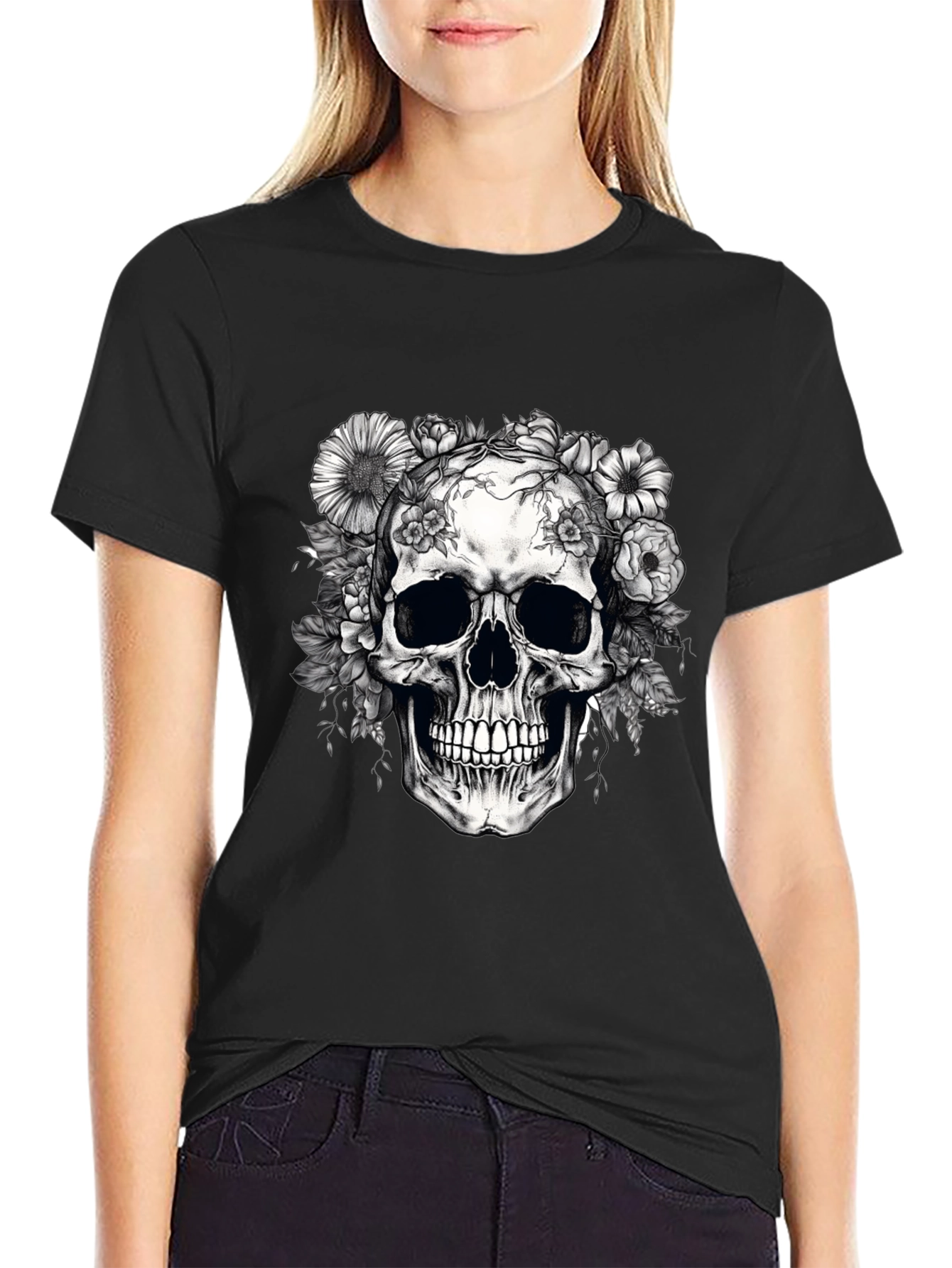 Floral Skull Graphic T-Shirt - Dark Aesthetic