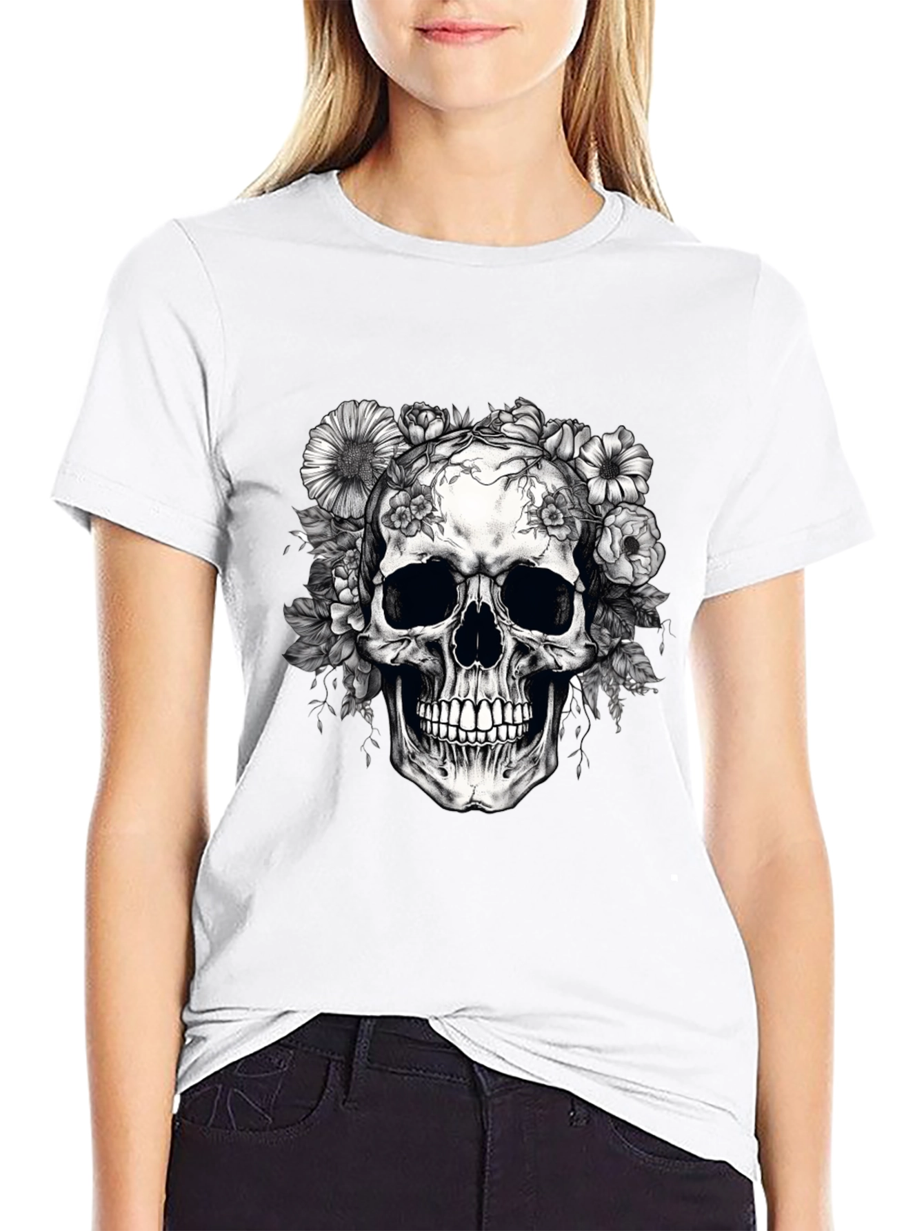 Floral Skull Graphic T-Shirt - Dark Aesthetic