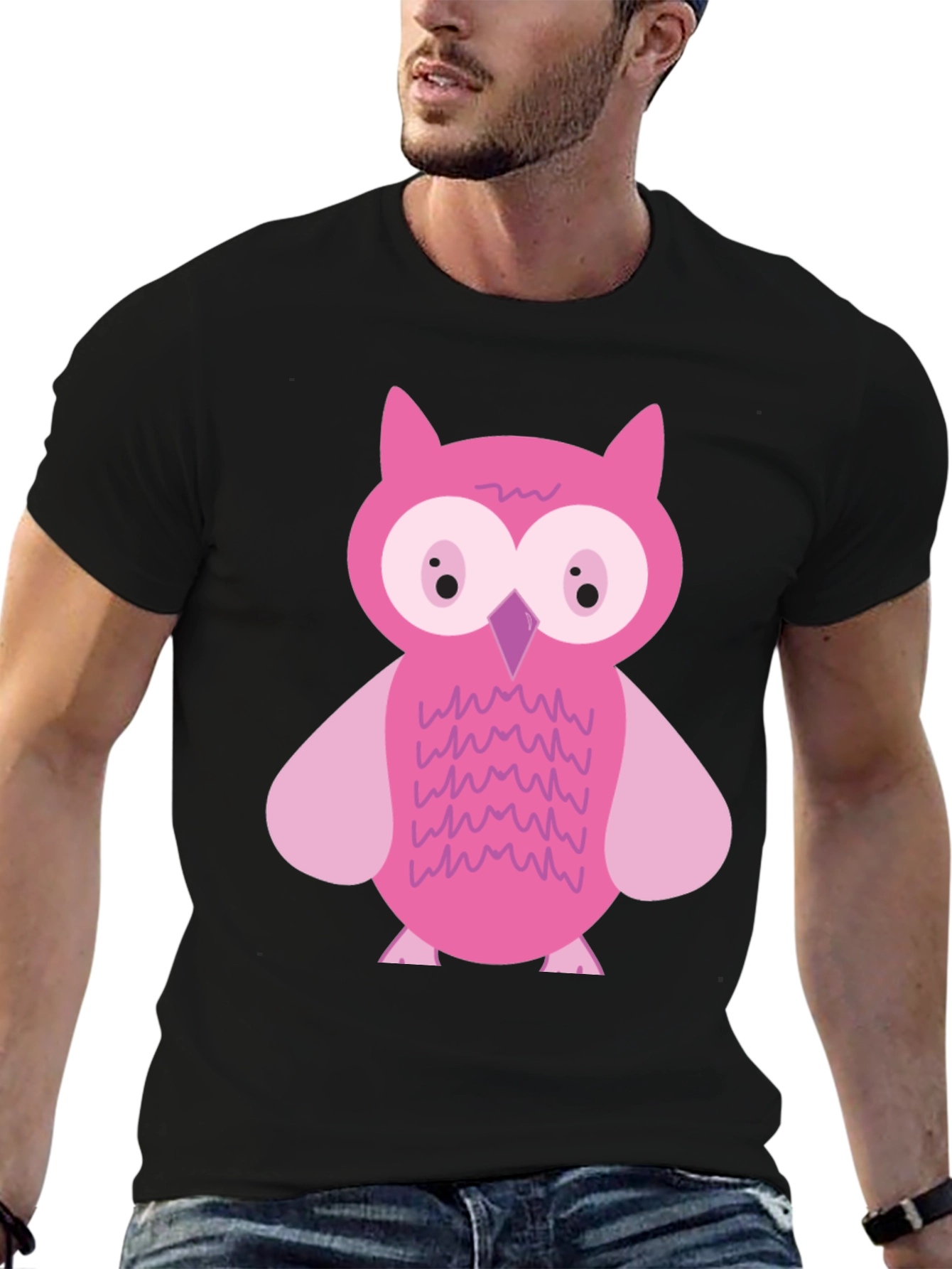 Pink Owl Graphic Print Black T-Shirt