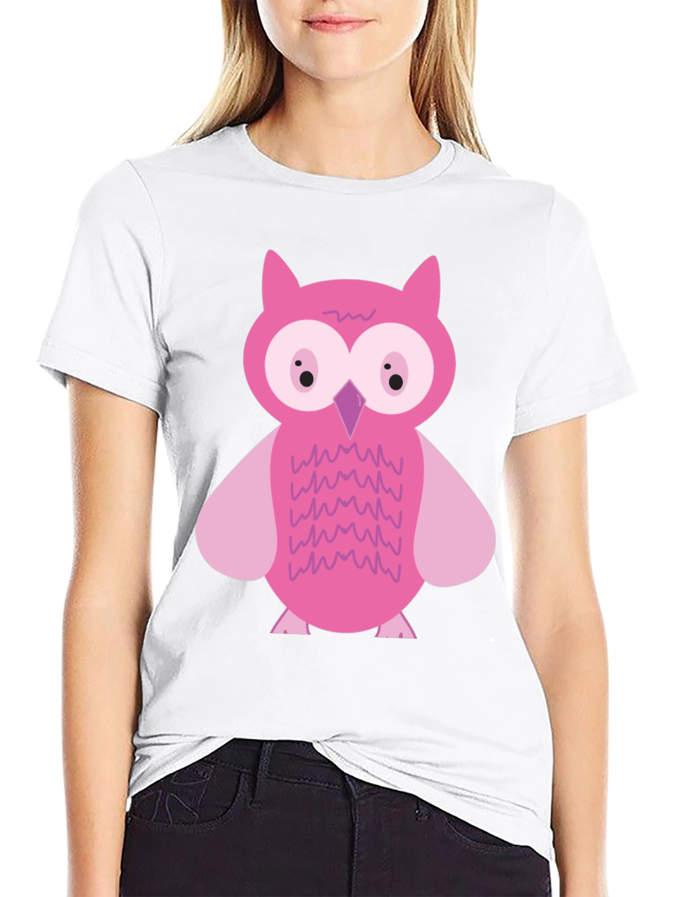 Pink Owl Graphic Print Black T-Shirt