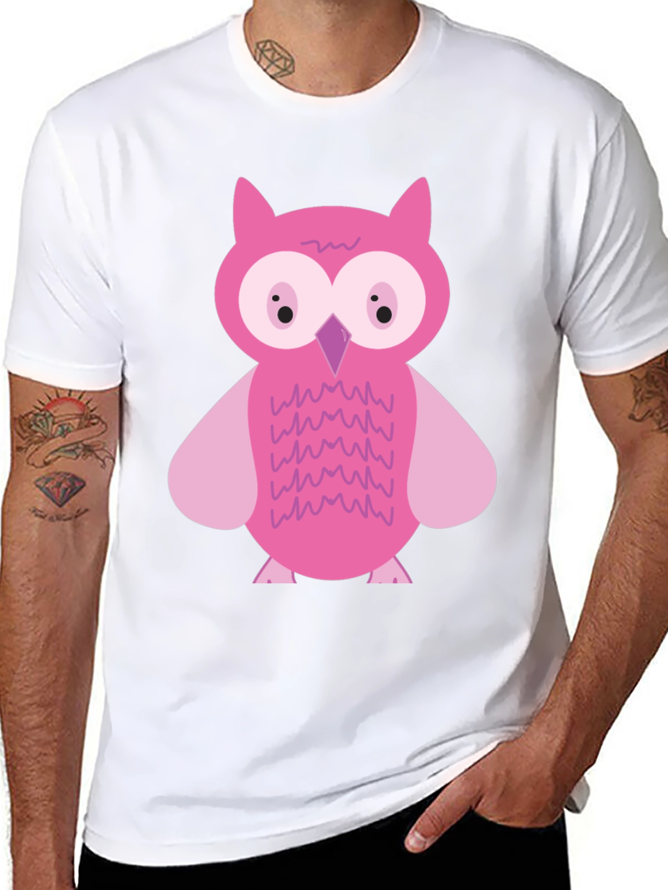 Pink Owl Graphic Print Black T-Shirt