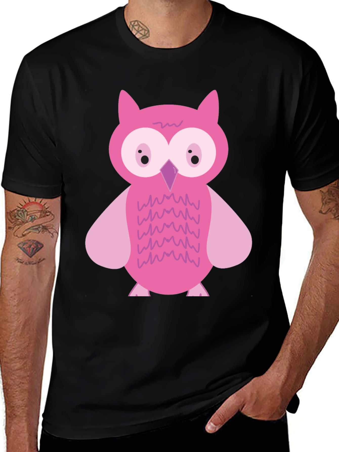 Pink Owl Graphic Print Black T-Shirt