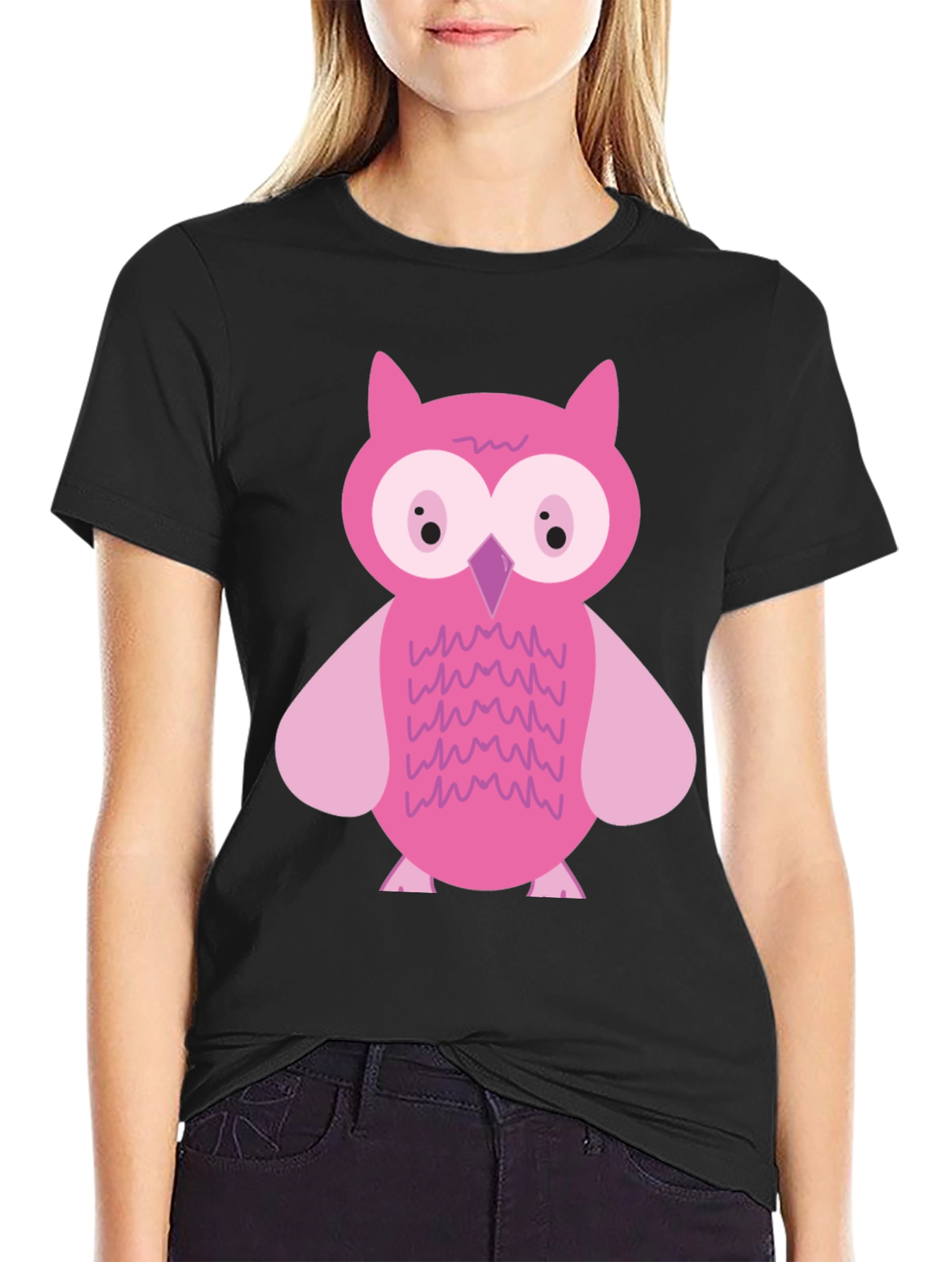 Pink Owl Graphic Print Black T-Shirt