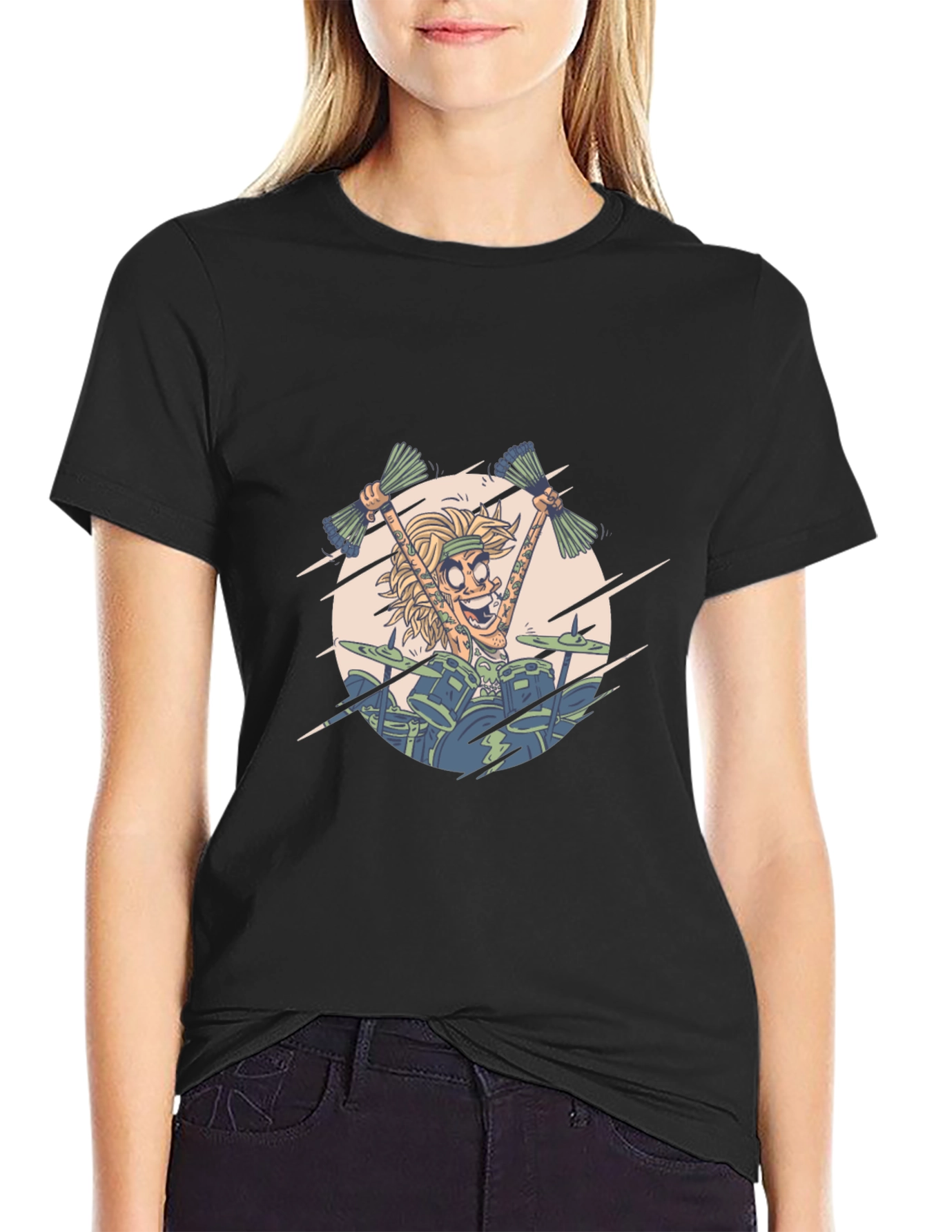 Drummer Cartoon Graphic Black T-Shirt