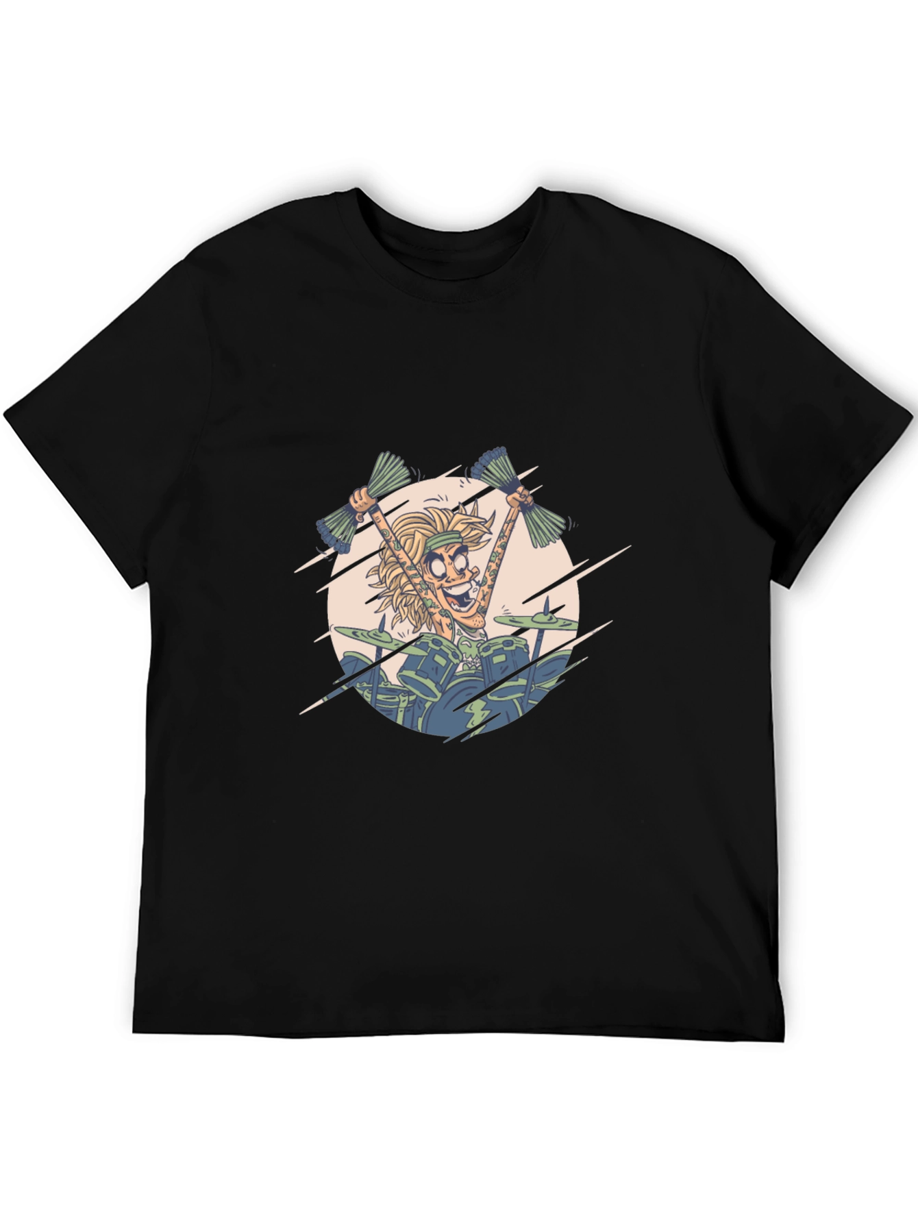 Drummer Cartoon Graphic Black T-Shirt