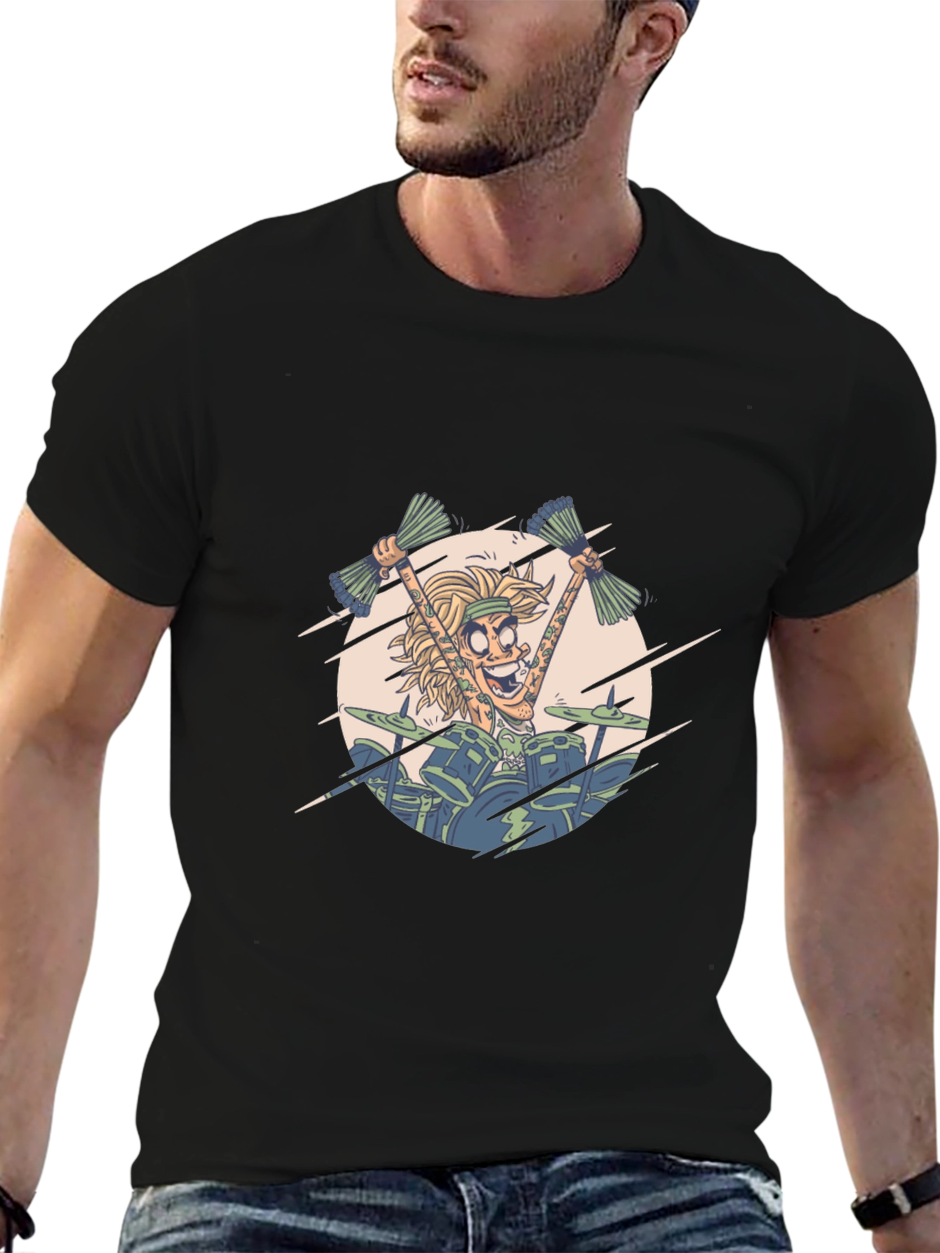 Drummer Cartoon Graphic Black T-Shirt