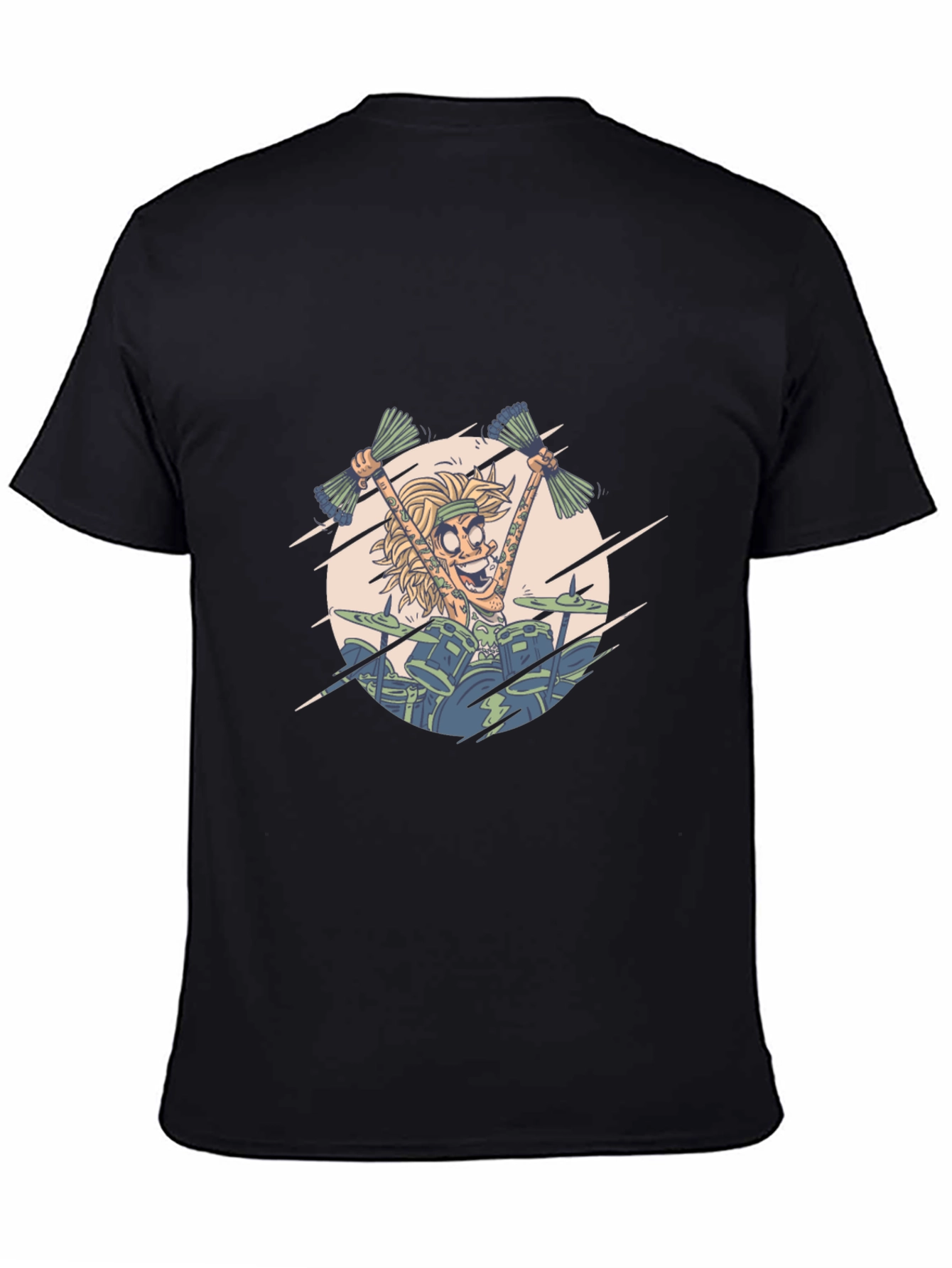 Drummer Cartoon Graphic Black T-Shirt