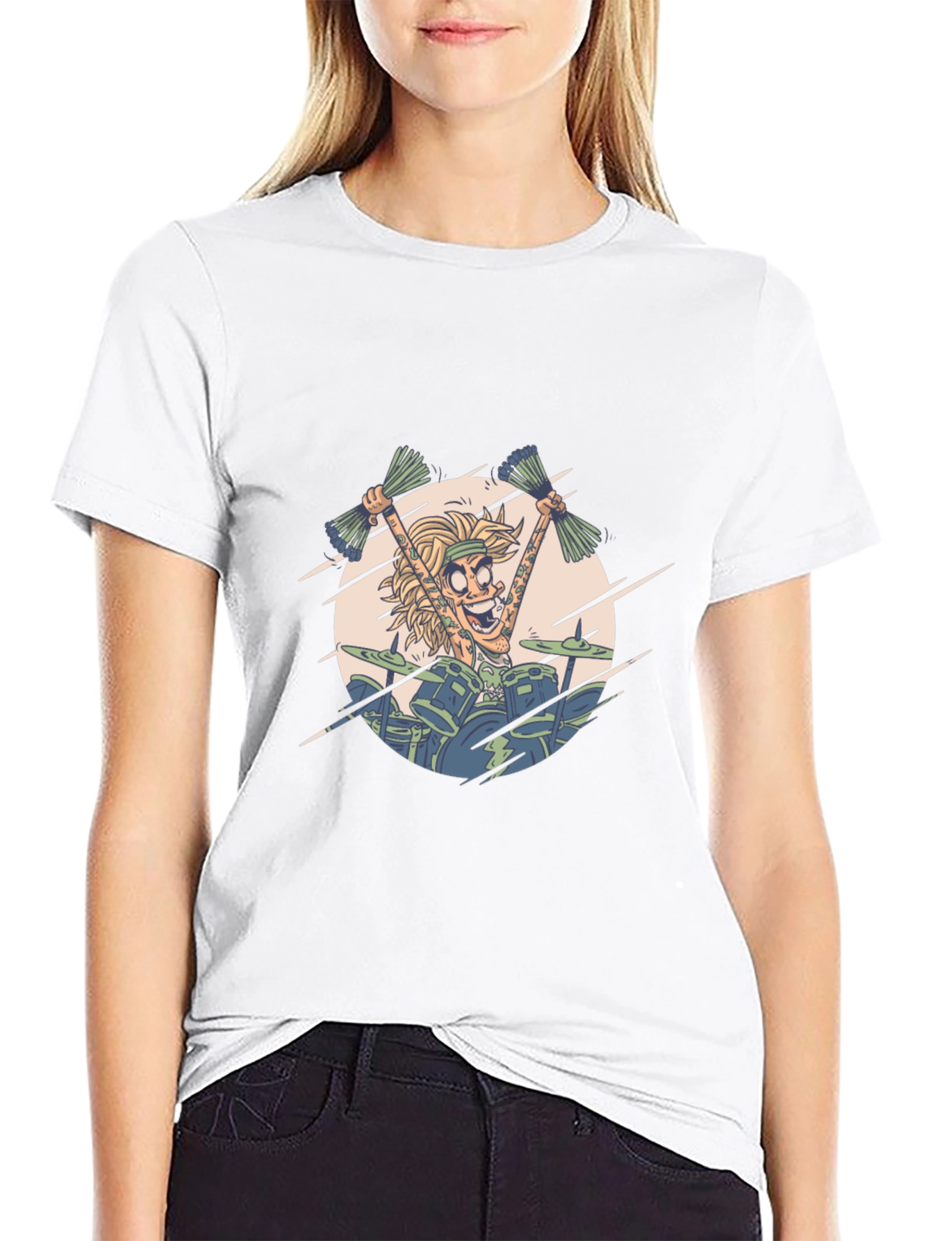 Drummer Cartoon Graphic Black T-Shirt