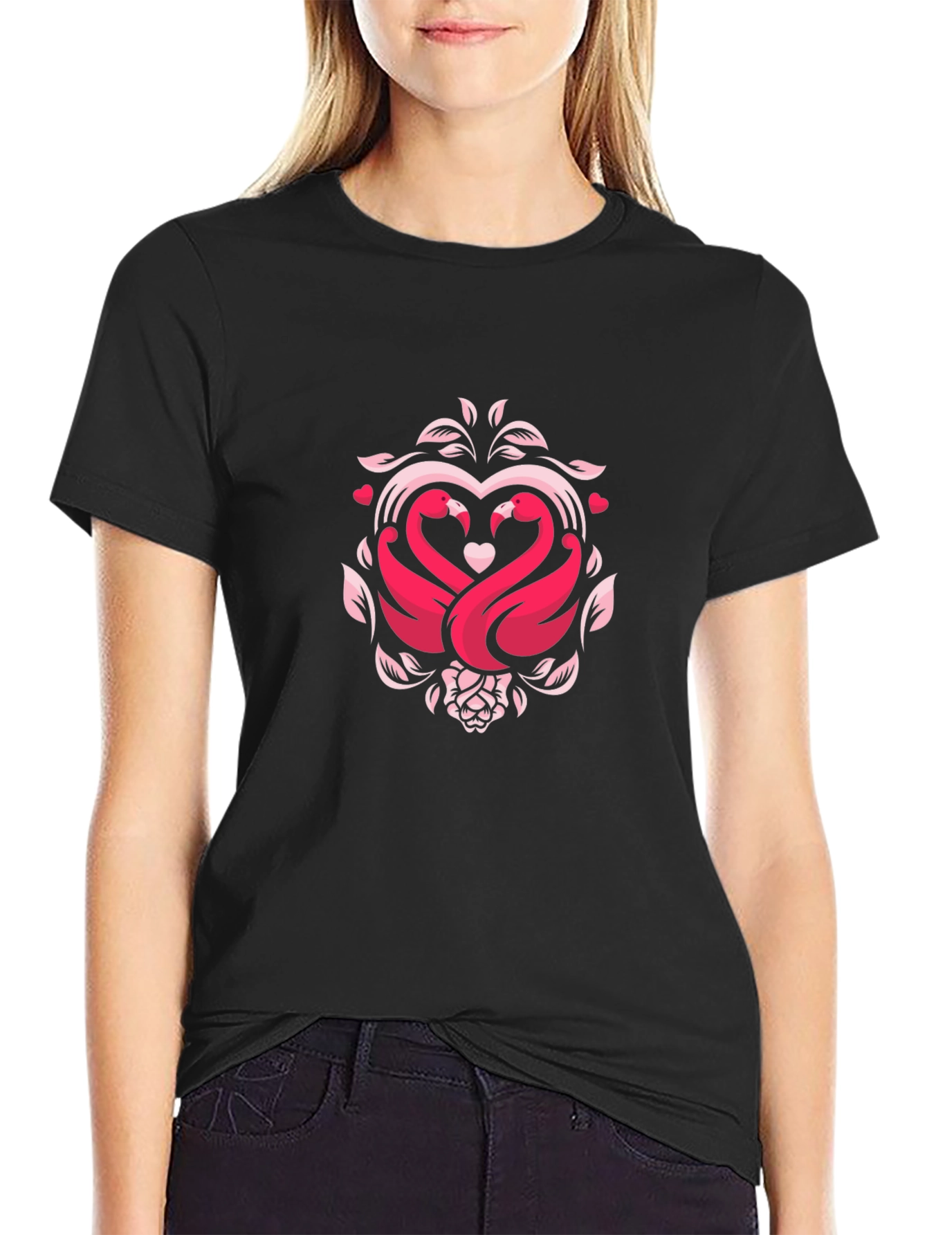 Romantic Swan Heart Graphic Black T-Shirt