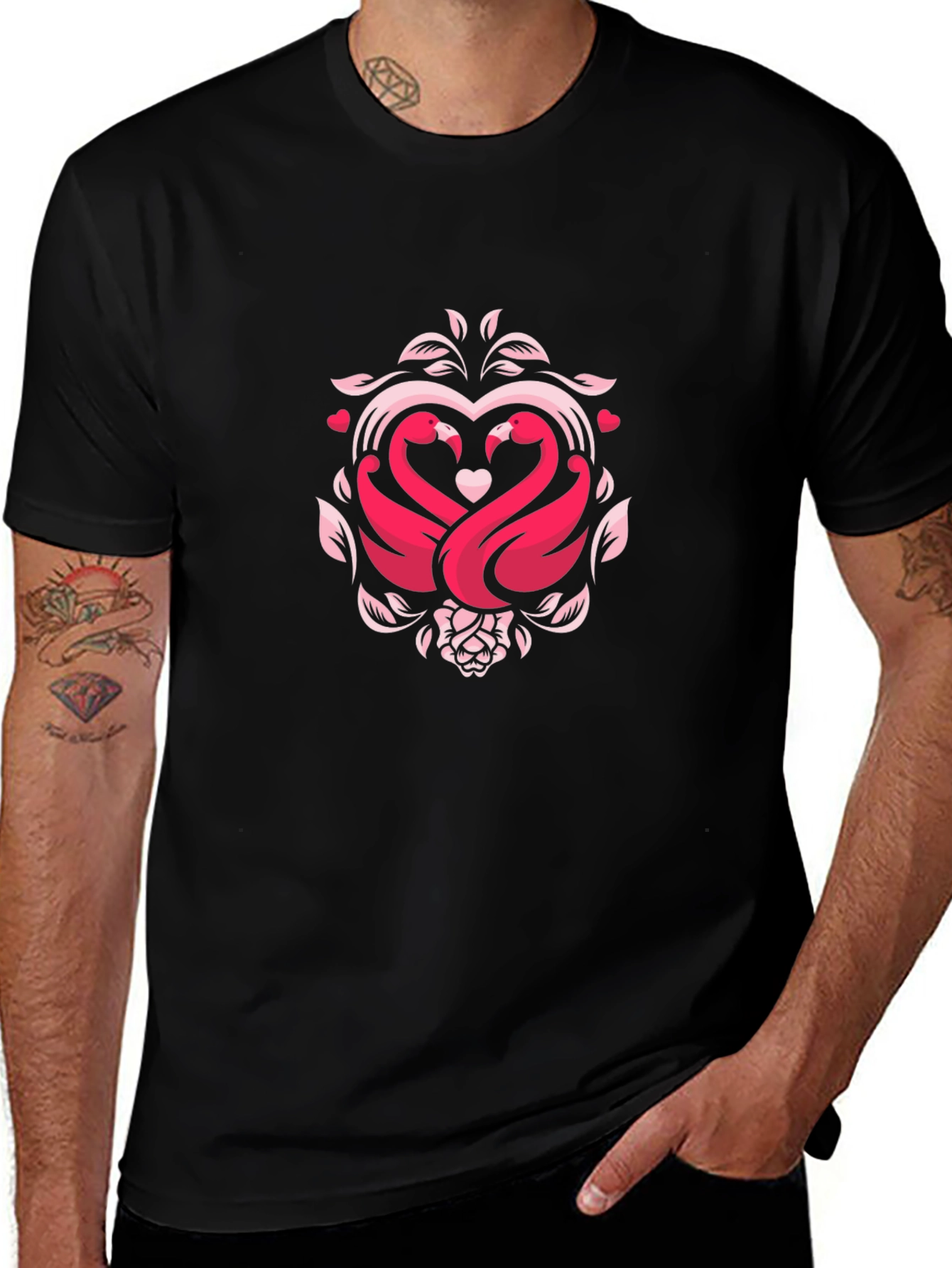 Romantic Swan Heart Graphic Black T-Shirt