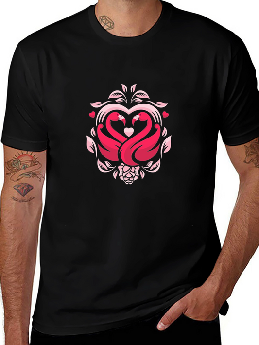 Romantic Swan Heart Graphic Black T-Shirt